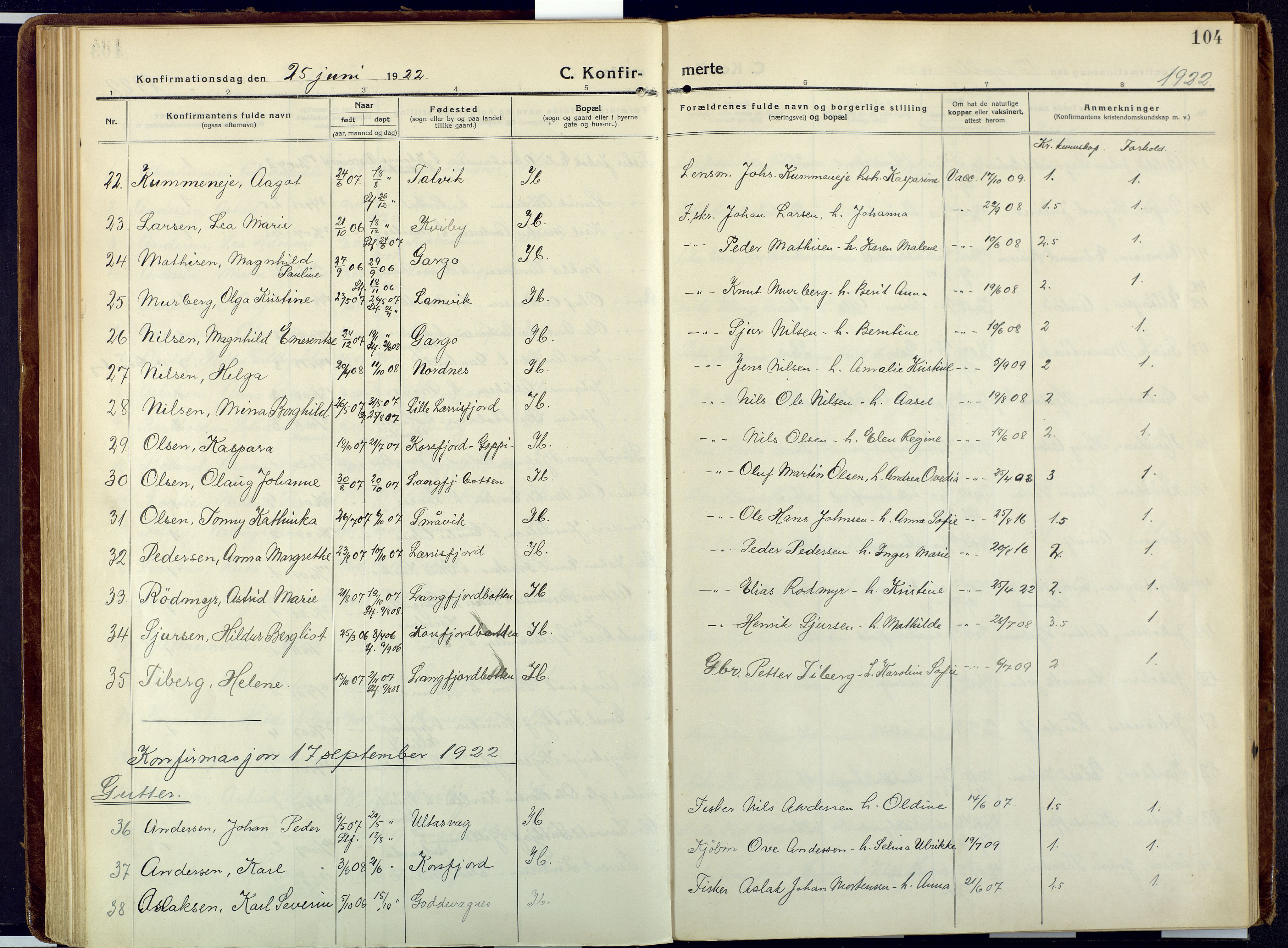 Talvik sokneprestkontor, SATØ/S-1337/H/Ha/L0018kirke: Parish register (official) no. 18, 1915-1924, p. 104
