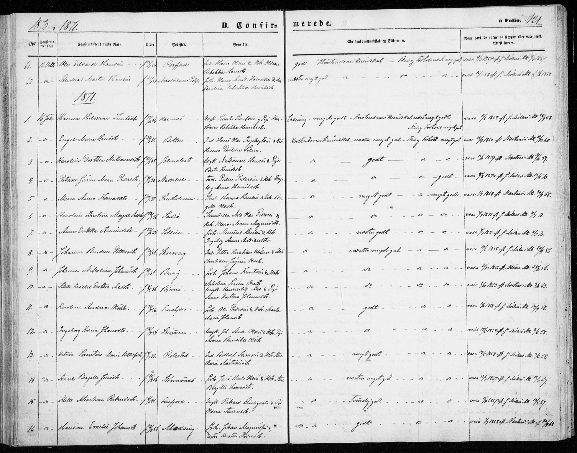 Lenvik sokneprestembete, SATØ/S-1310/H/Ha/Haa/L0009kirke: Parish register (official) no. 9, 1866-1873, p. 121