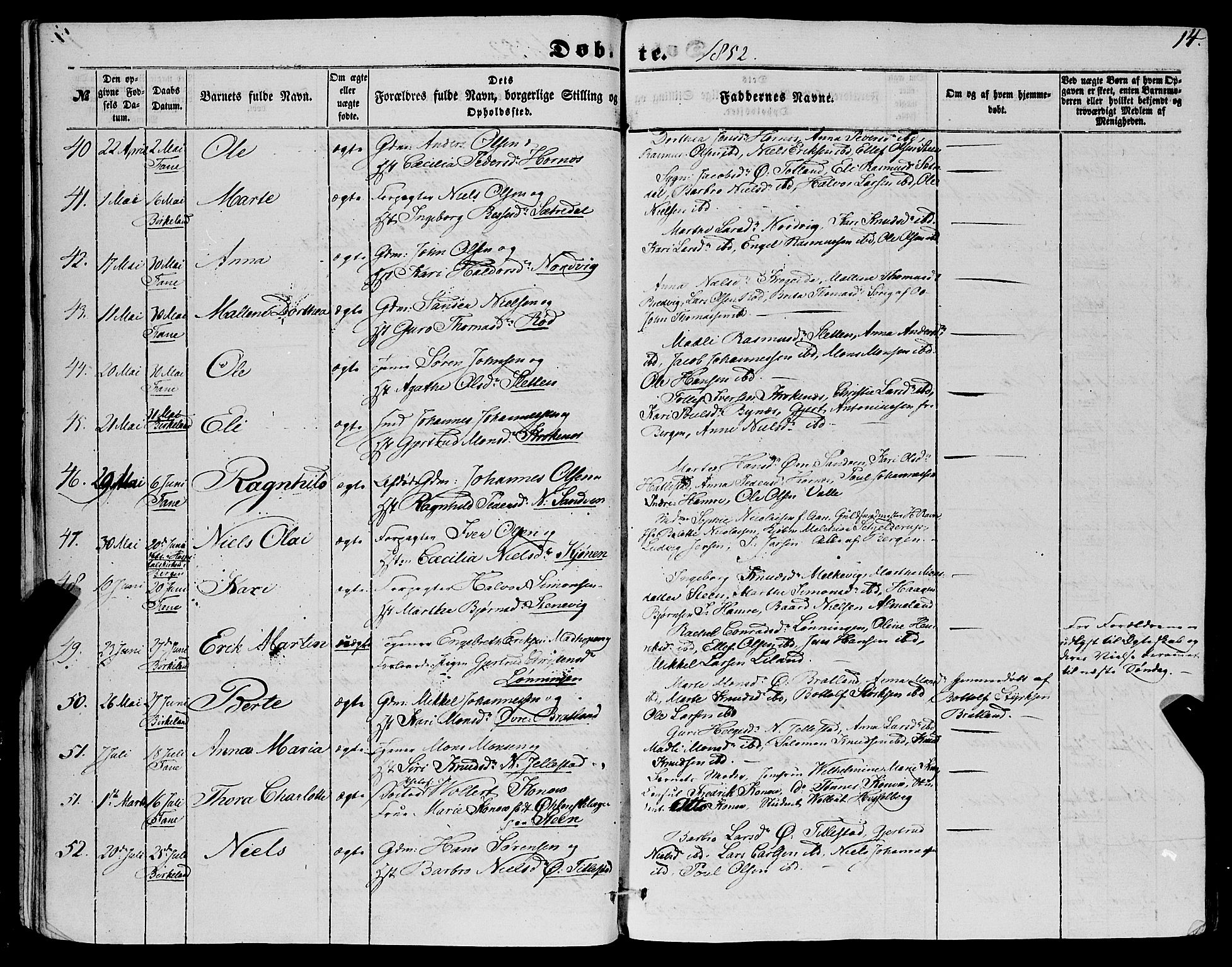 Fana Sokneprestembete, AV/SAB-A-75101/H/Haa/Haaa/L0011: Parish register (official) no. A 11, 1851-1862, p. 14