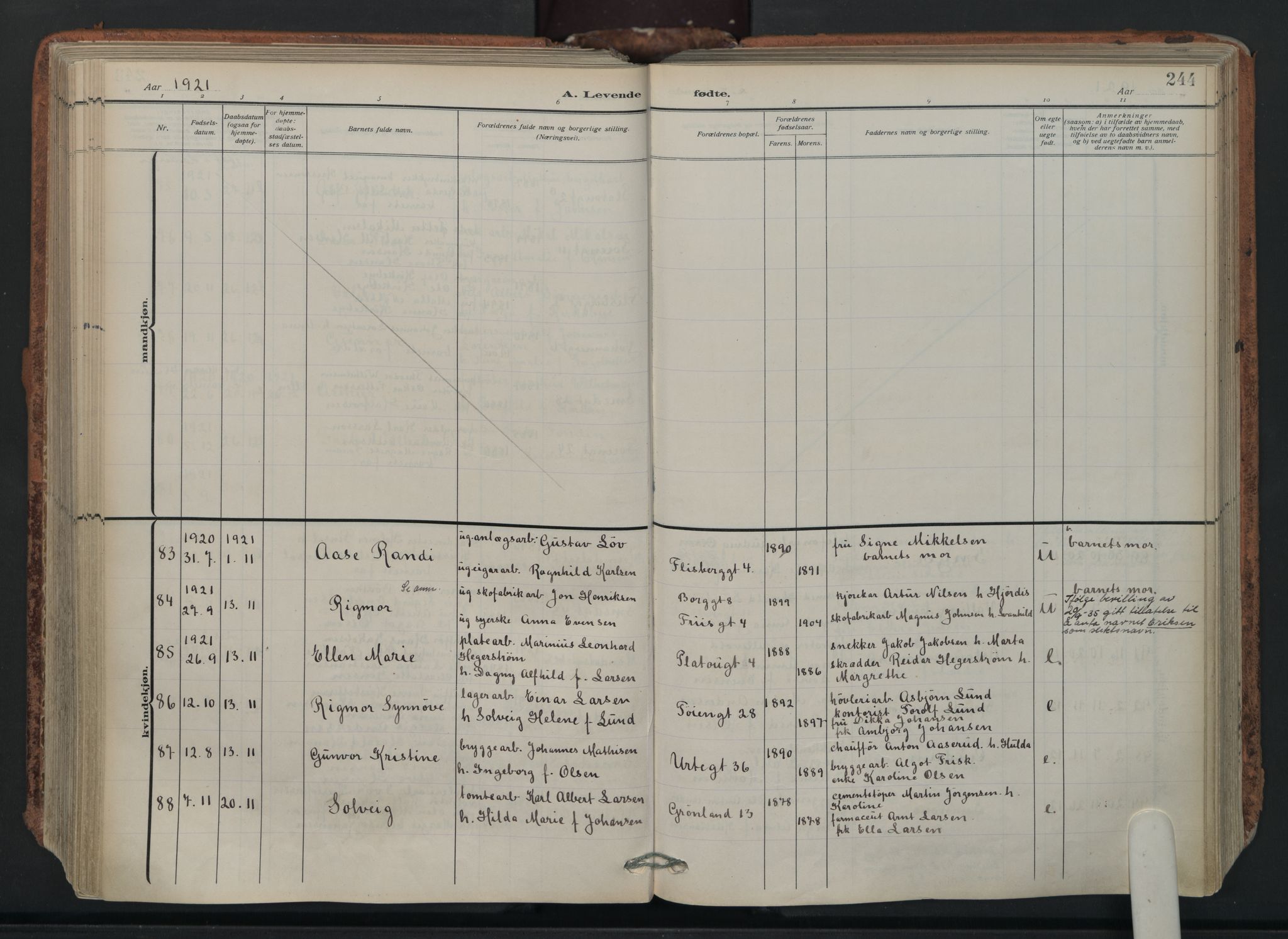 Grønland prestekontor Kirkebøker, AV/SAO-A-10848/F/Fa/L0018: Parish register (official) no. 18, 1911-1945, p. 244