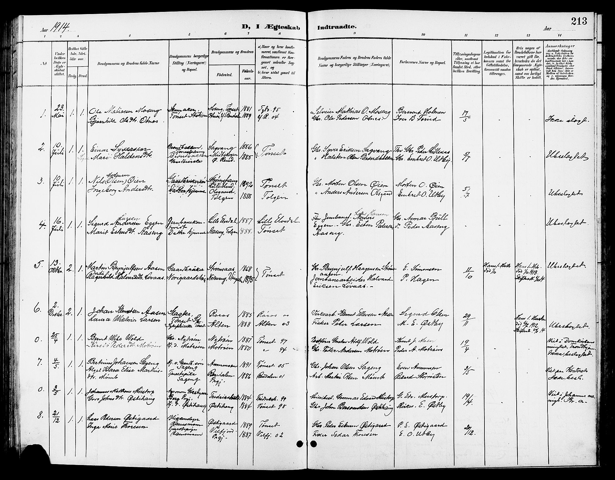 Tynset prestekontor, SAH/PREST-058/H/Ha/Hab/L0009: Parish register (copy) no. 9, 1900-1914, p. 213