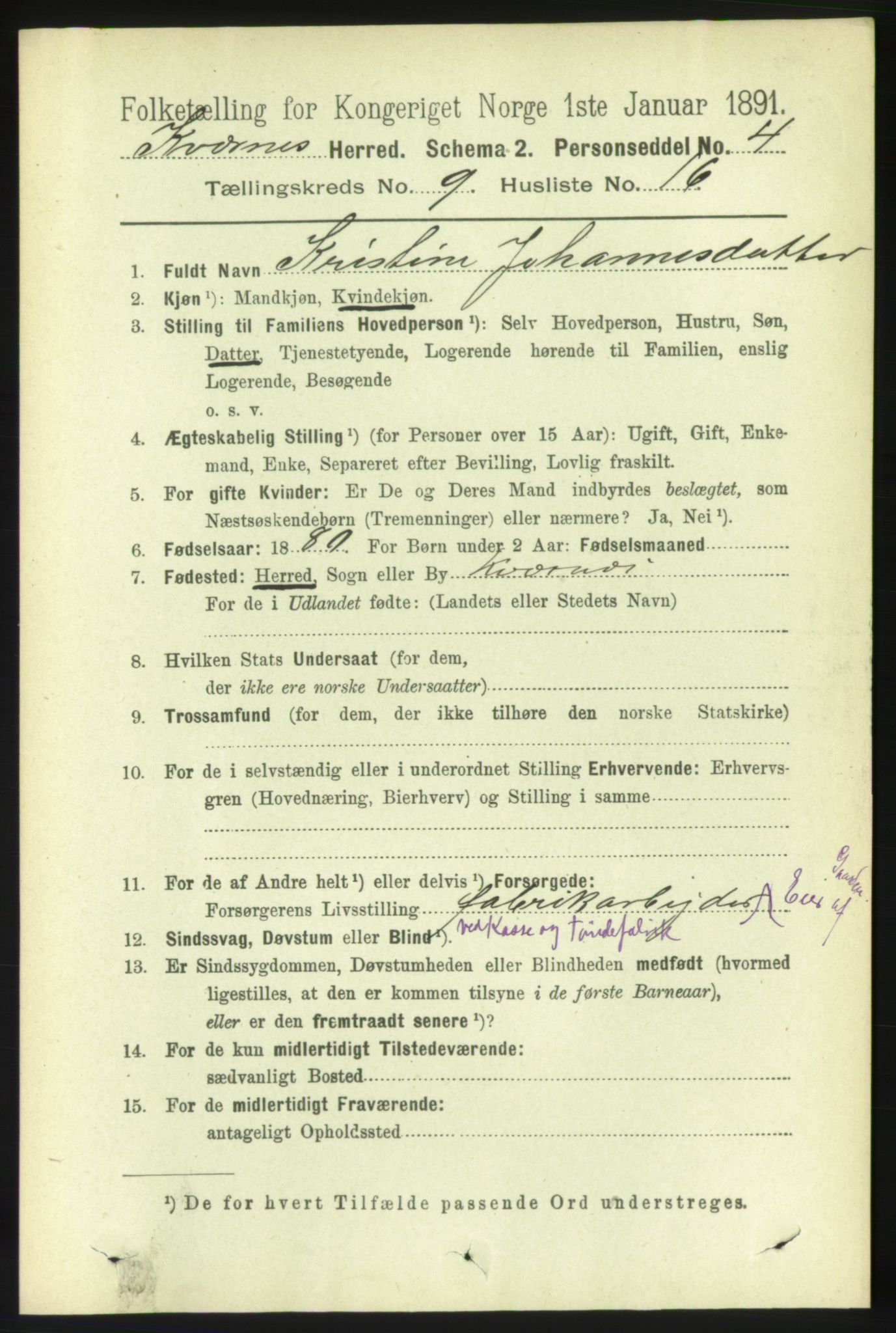 RA, 1891 census for 1553 Kvernes, 1891, p. 4039
