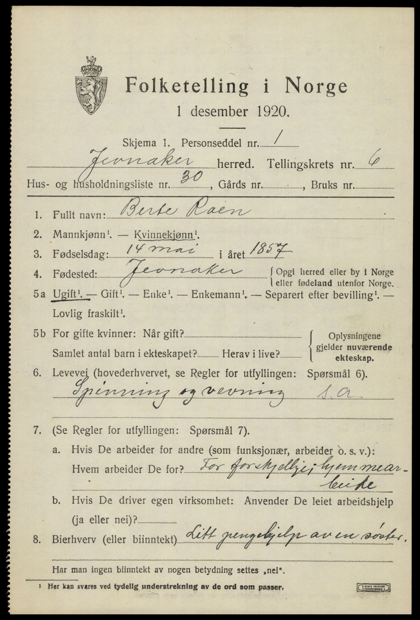 SAH, 1920 census for Jevnaker, 1920, p. 9153