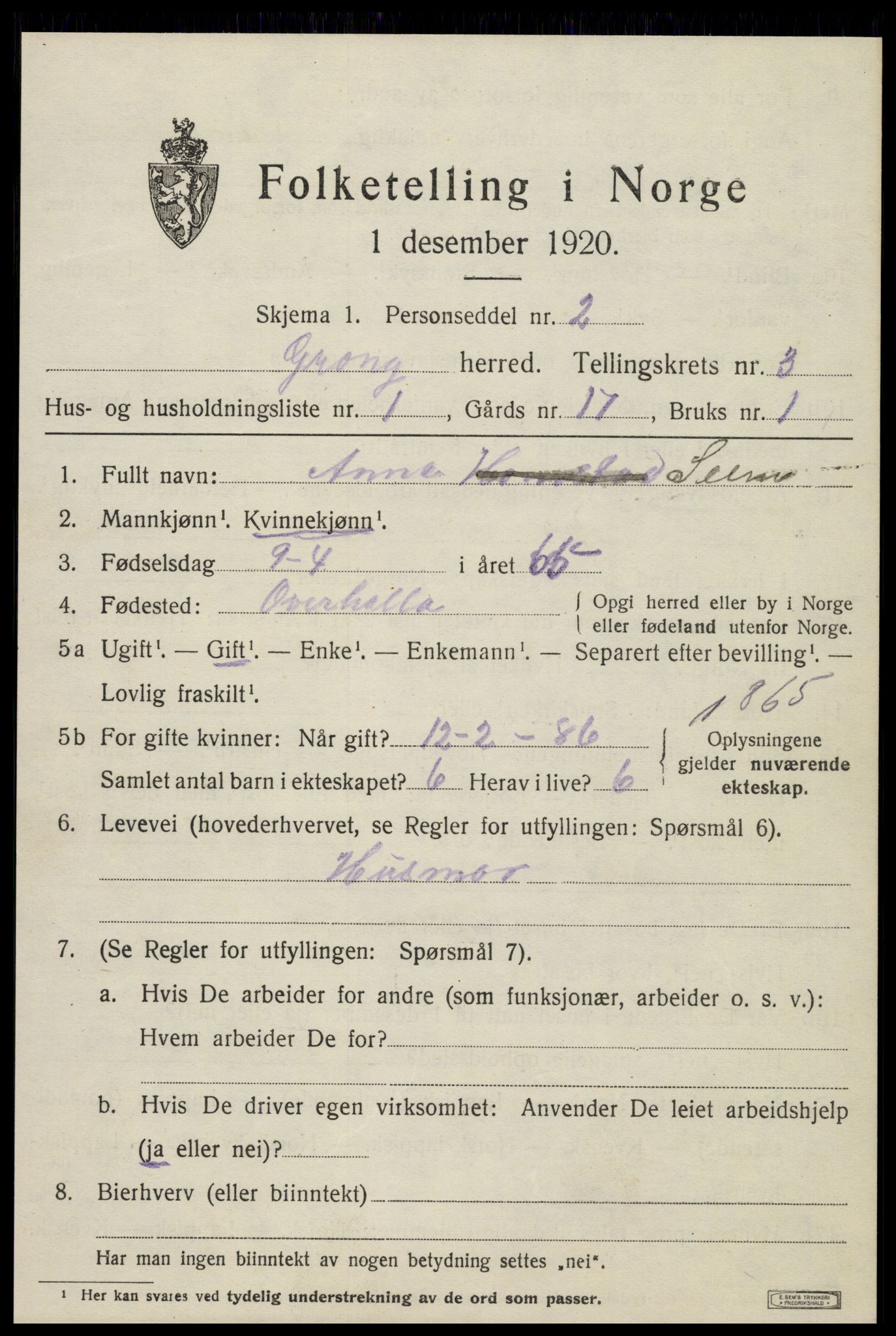 SAT, 1920 census for Grong, 1920, p. 2193