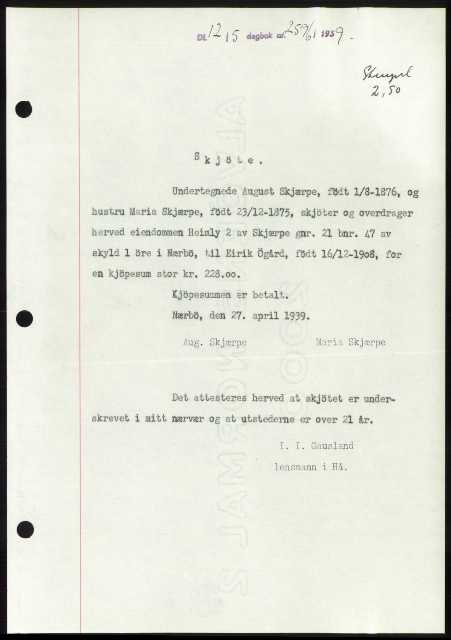 Jæren sorenskriveri, SAST/A-100310/03/G/Gba/L0074: Mortgage book, 1939-1939, Diary no: : 2596/1939