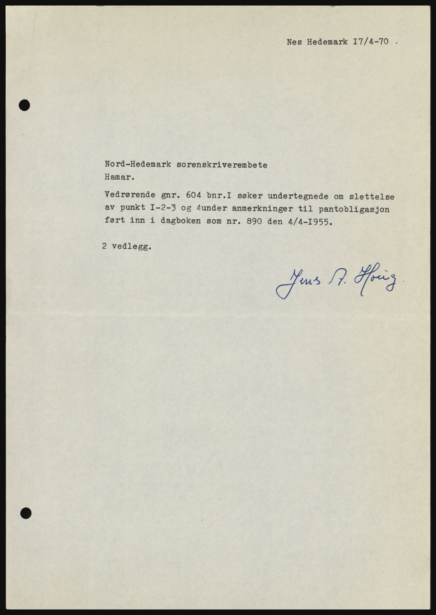 Nord-Hedmark sorenskriveri, SAH/TING-012/H/Hc/L0033: Mortgage book no. 33, 1970-1970, Diary no: : 2026/1970