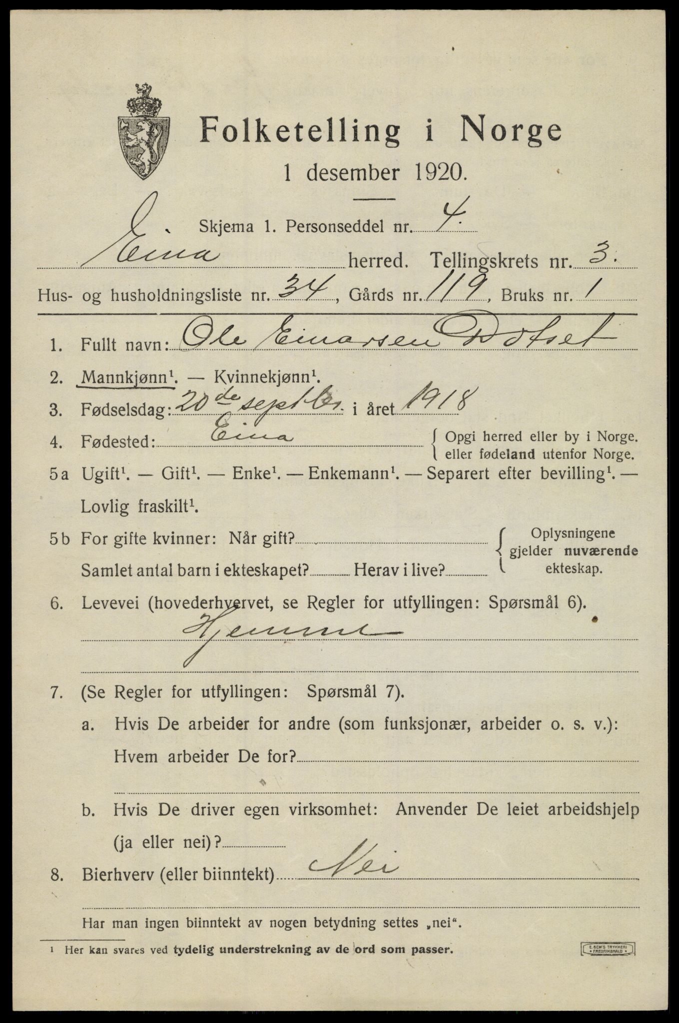 SAH, 1920 census for Eina, 1920, p. 2612