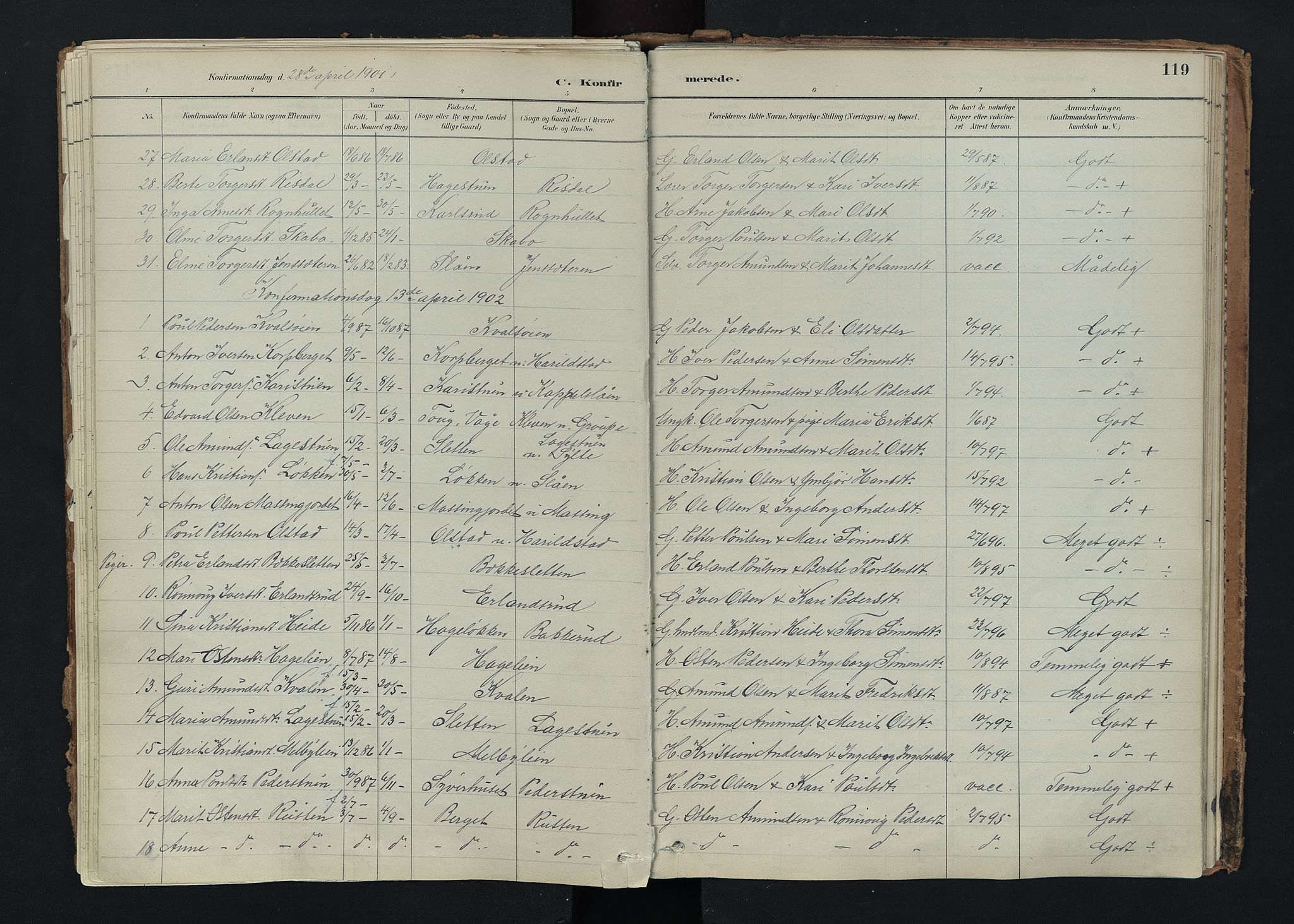 Nord-Fron prestekontor, SAH/PREST-080/H/Ha/Haa/L0005: Parish register (official) no. 5, 1884-1914, p. 119
