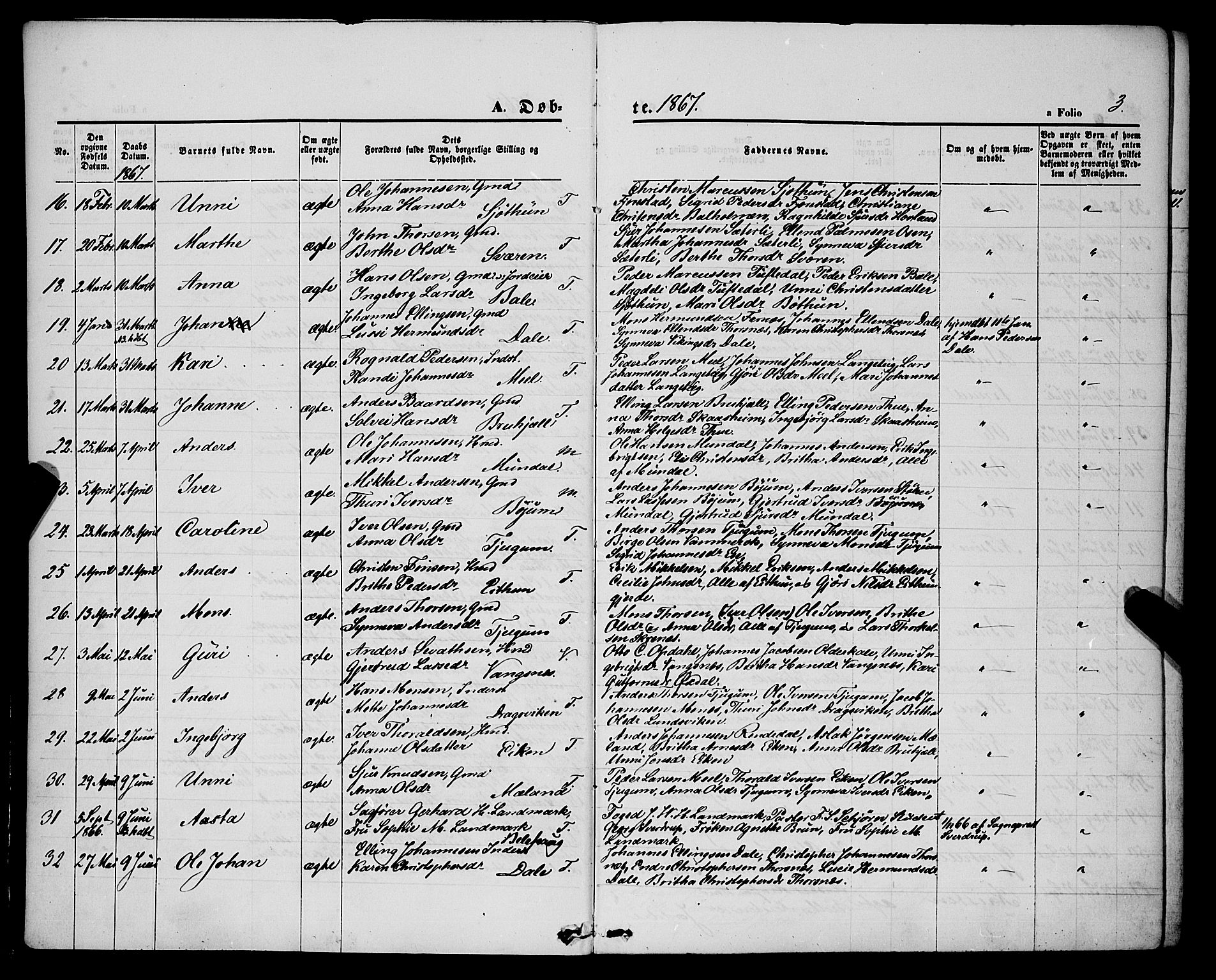 Balestrand sokneprestembete, SAB/A-79601/H/Haa/Haaa/L0003: Parish register (official) no. A 3, 1867-1878, p. 3