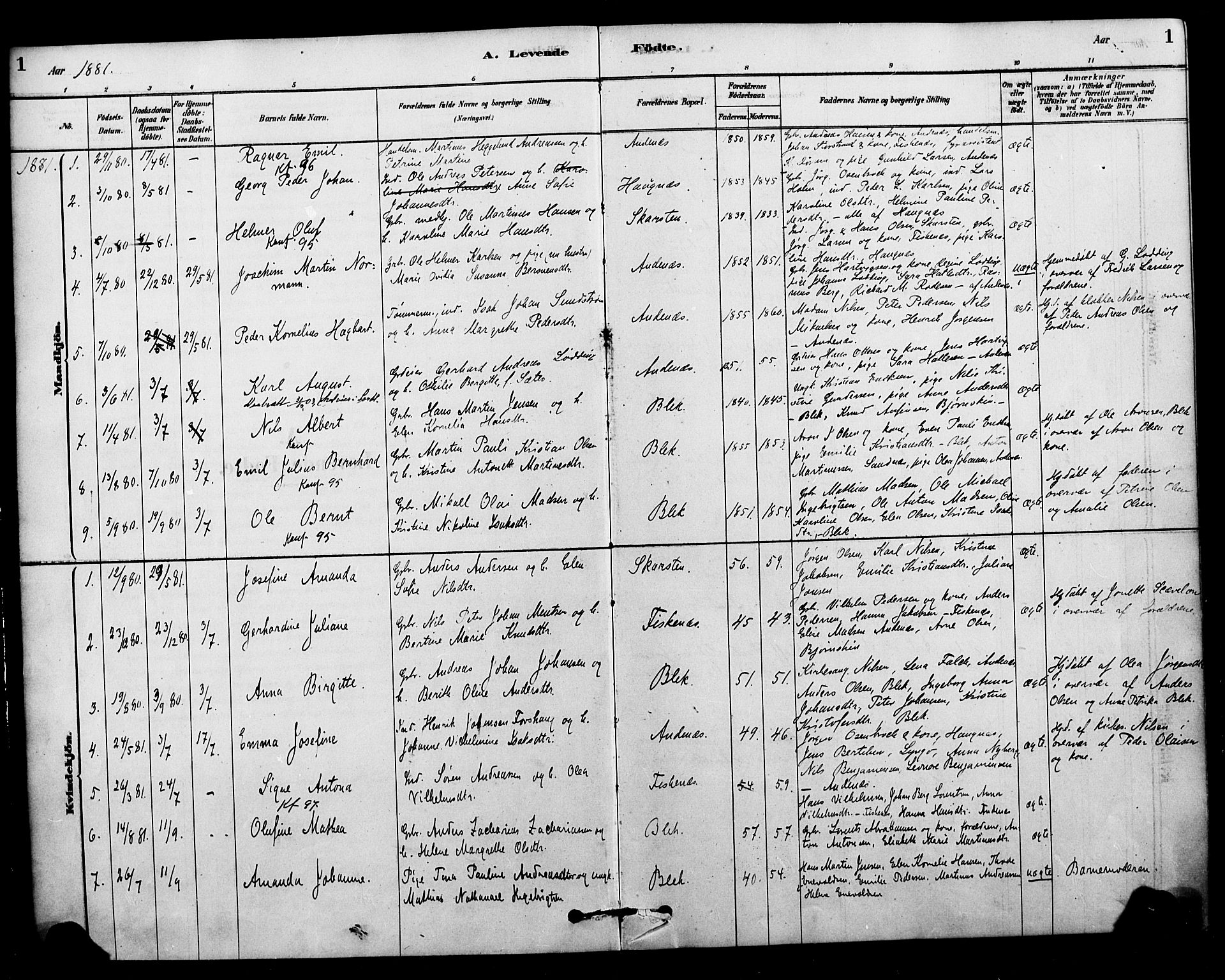 Ministerialprotokoller, klokkerbøker og fødselsregistre - Nordland, AV/SAT-A-1459/899/L1436: Parish register (official) no. 899A04, 1881-1896, p. 1