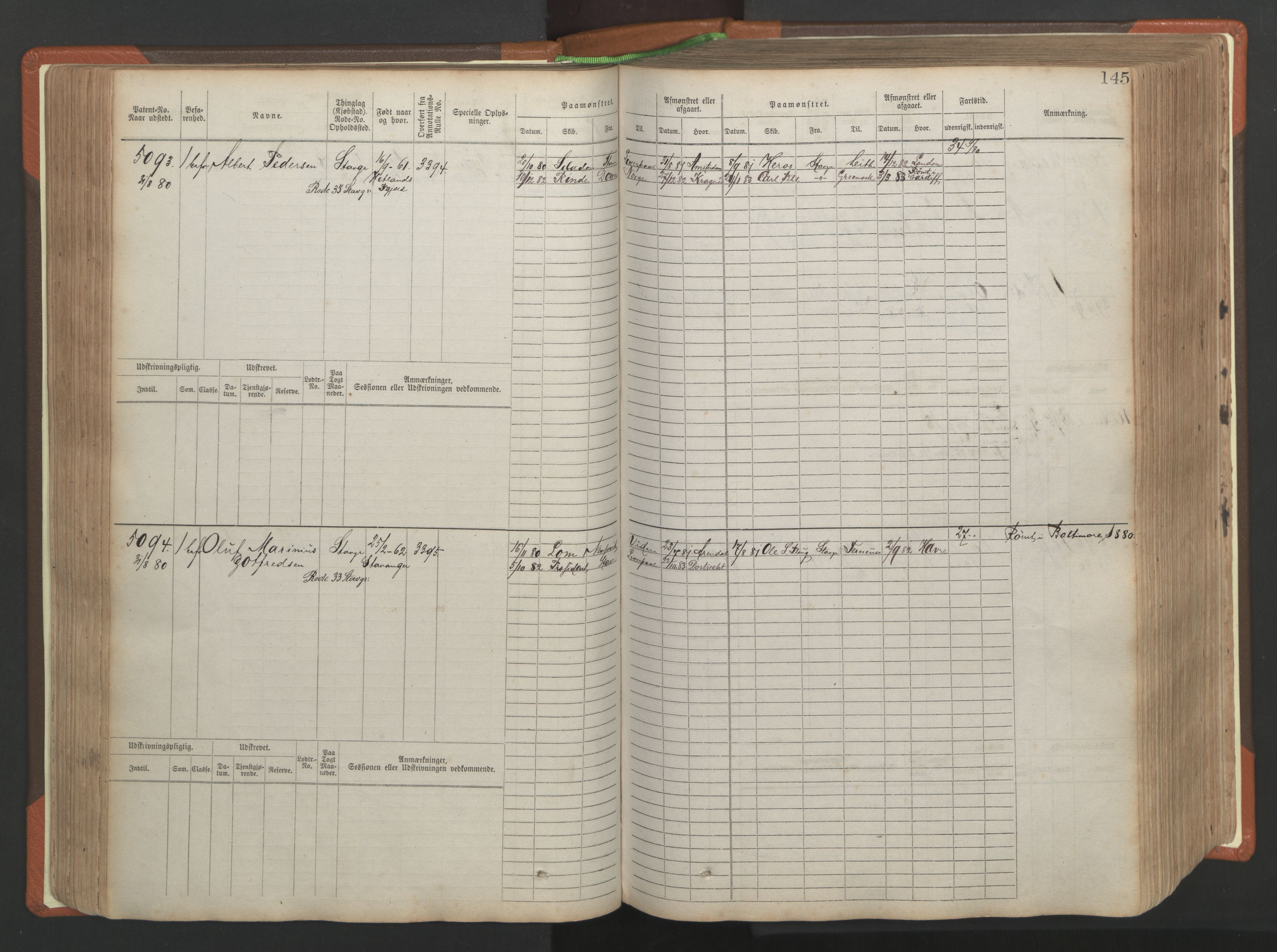 Stavanger sjømannskontor, AV/SAST-A-102006/F/Fb/Fbb/L0009: Sjøfartshovedrulle, patentnr. 4805-6006, 1879-1887, p. 151