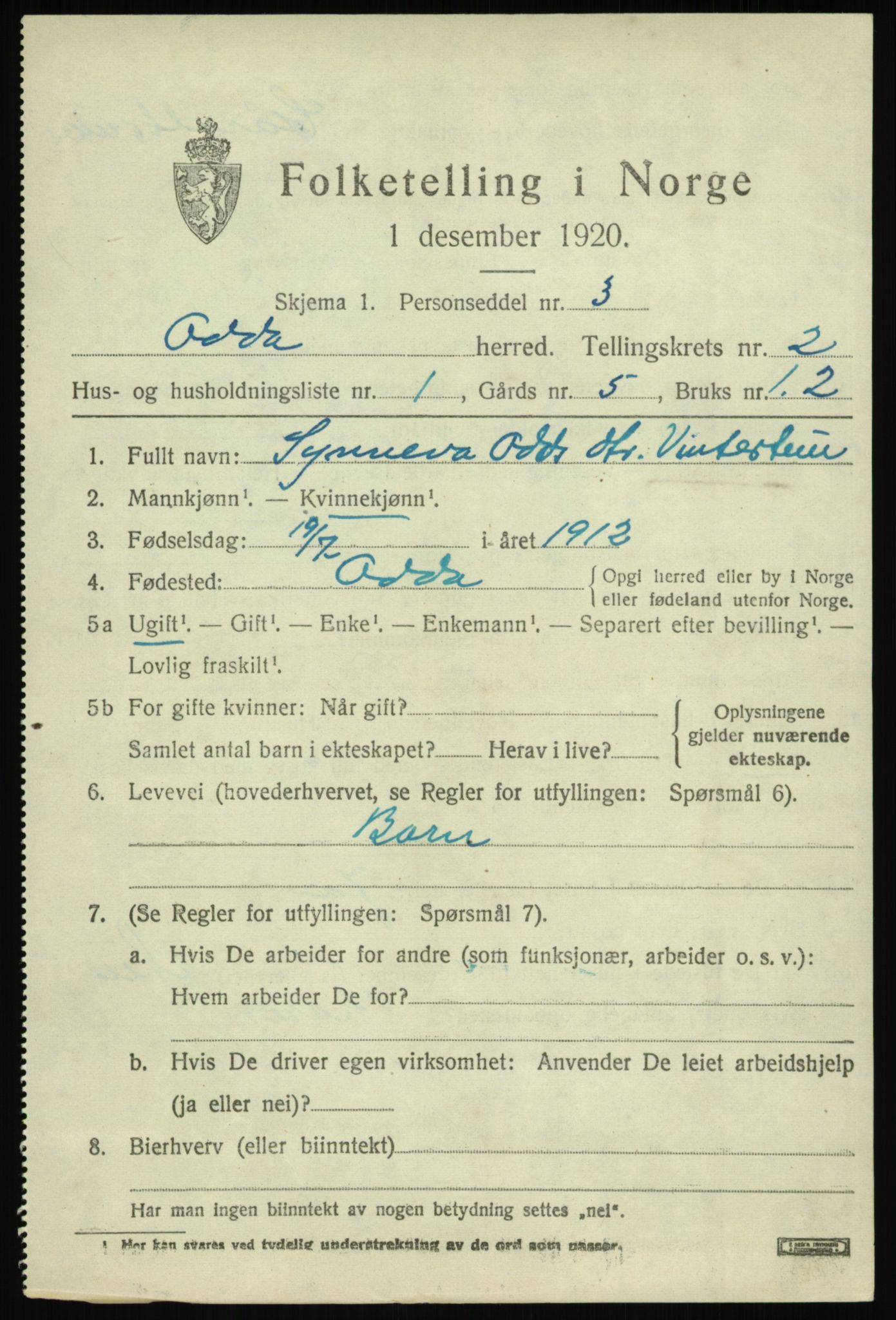 SAB, 1920 census for Odda, 1920, p. 1847