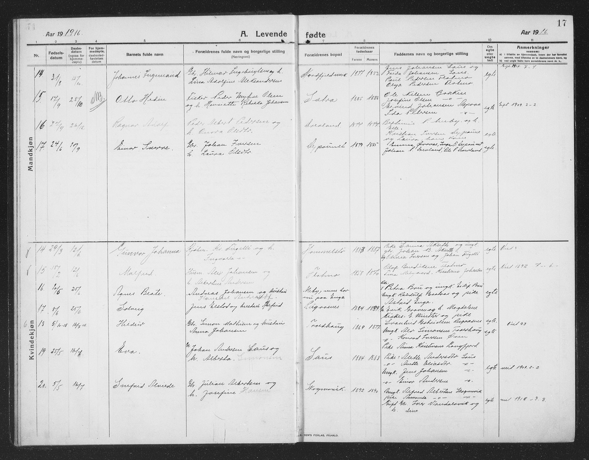 Ministerialprotokoller, klokkerbøker og fødselsregistre - Nordland, AV/SAT-A-1459/814/L0231: Parish register (copy) no. 814C04, 1912-1926, p. 17