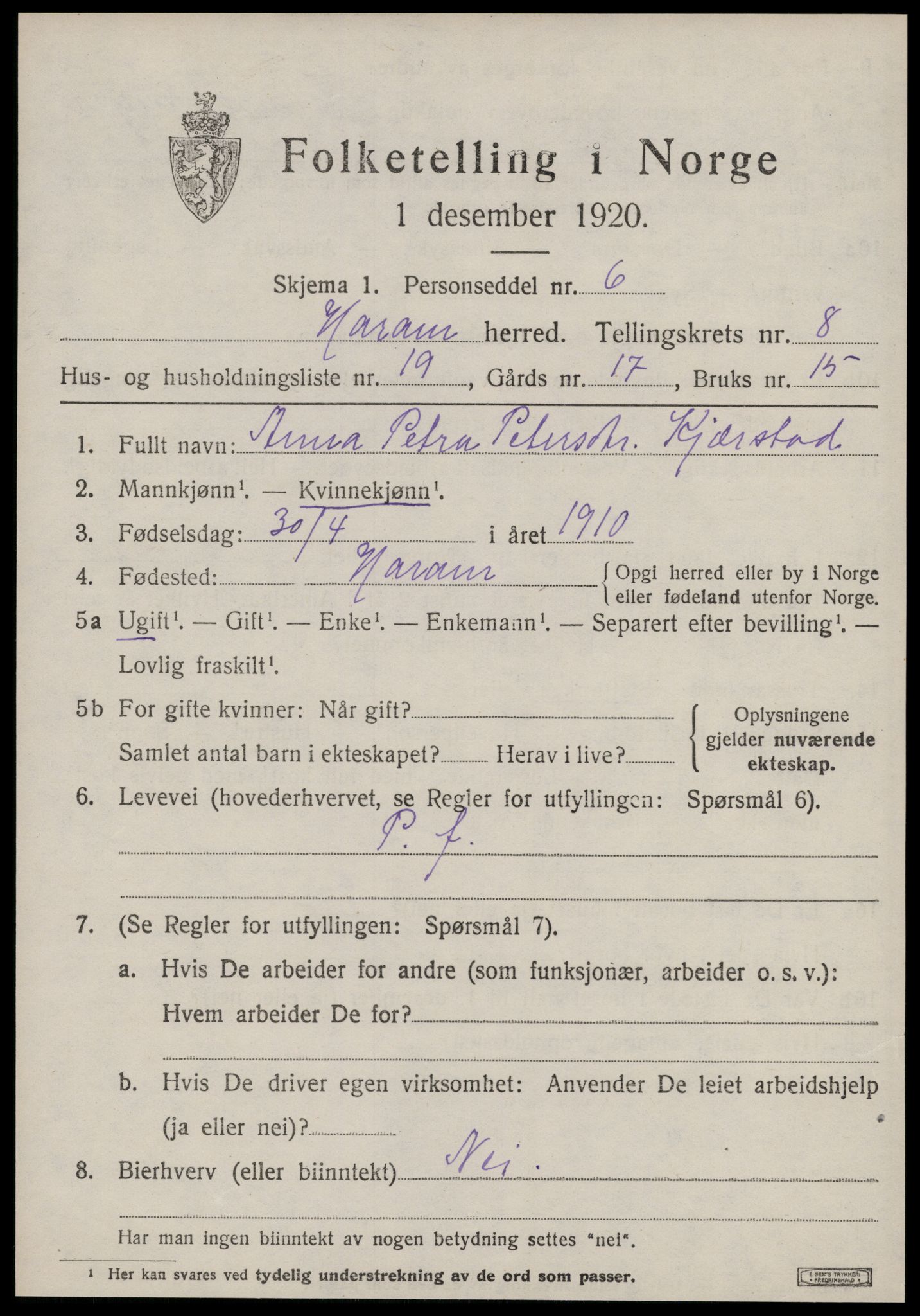 SAT, 1920 census for Haram, 1920, p. 4785