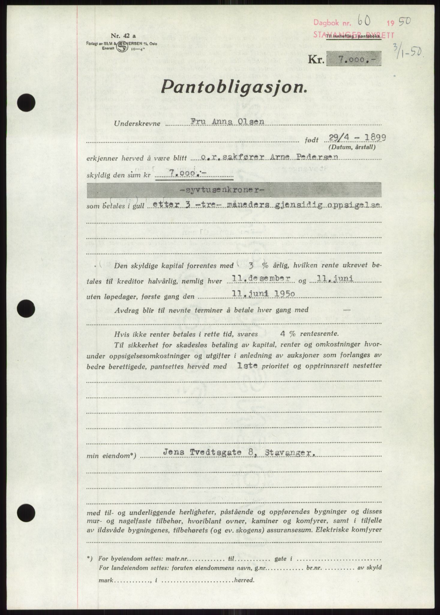 Stavanger byrett, SAST/A-100455/002/G/Gb/L0032: Mortgage book, 1947-1950, Diary no: : 60/1950