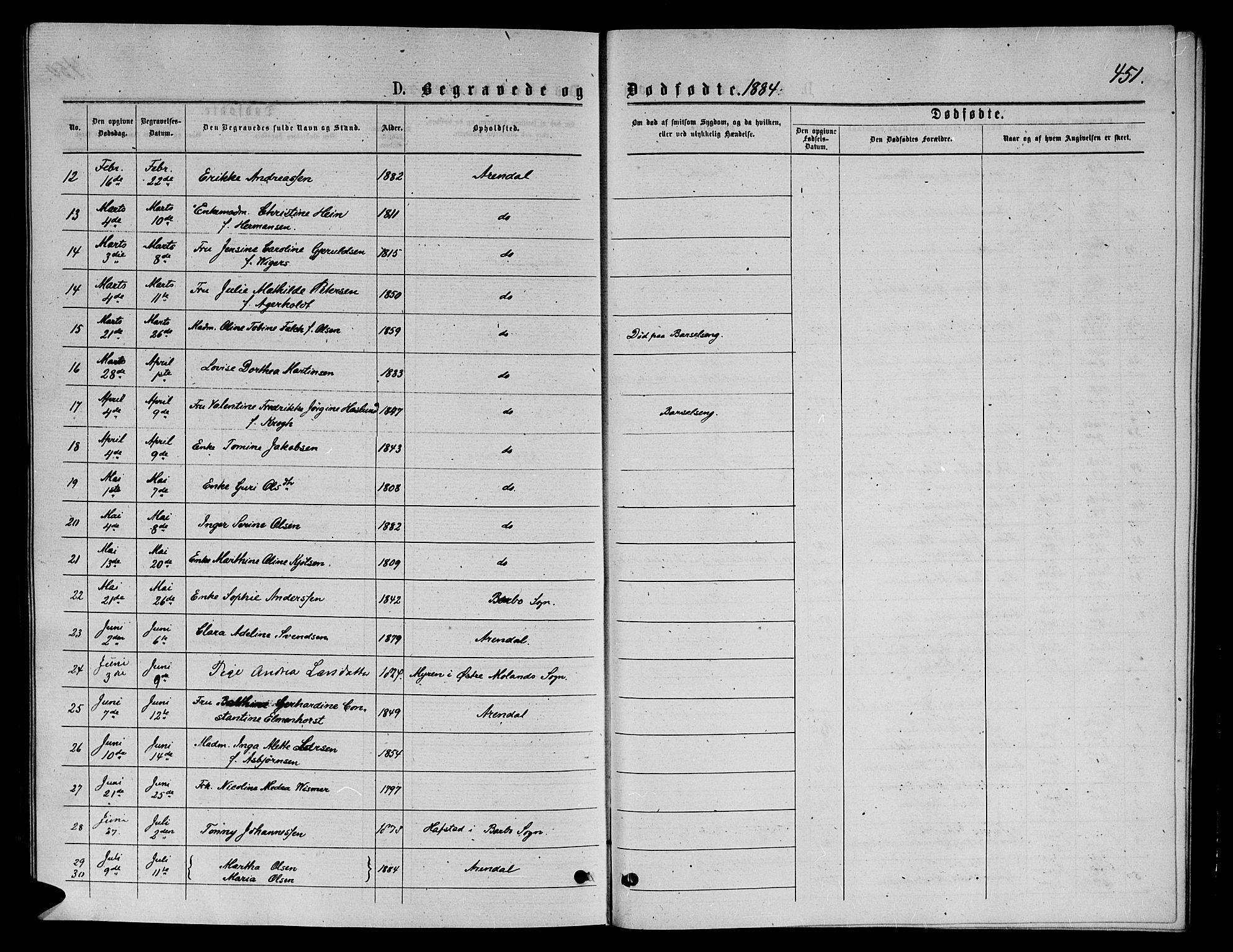 Arendal sokneprestkontor, Trefoldighet, AV/SAK-1111-0040/F/Fb/L0005: Parish register (copy) no. B 5, 1874-1888, p. 451