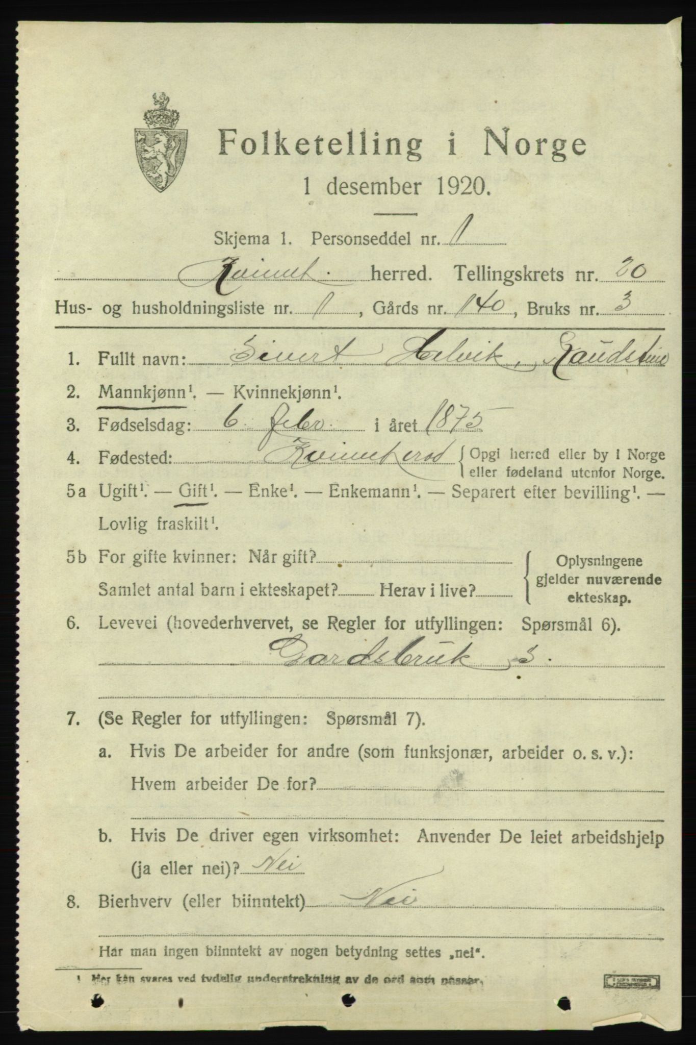 SAB, 1920 census for Kvinnherad, 1920, p. 12422