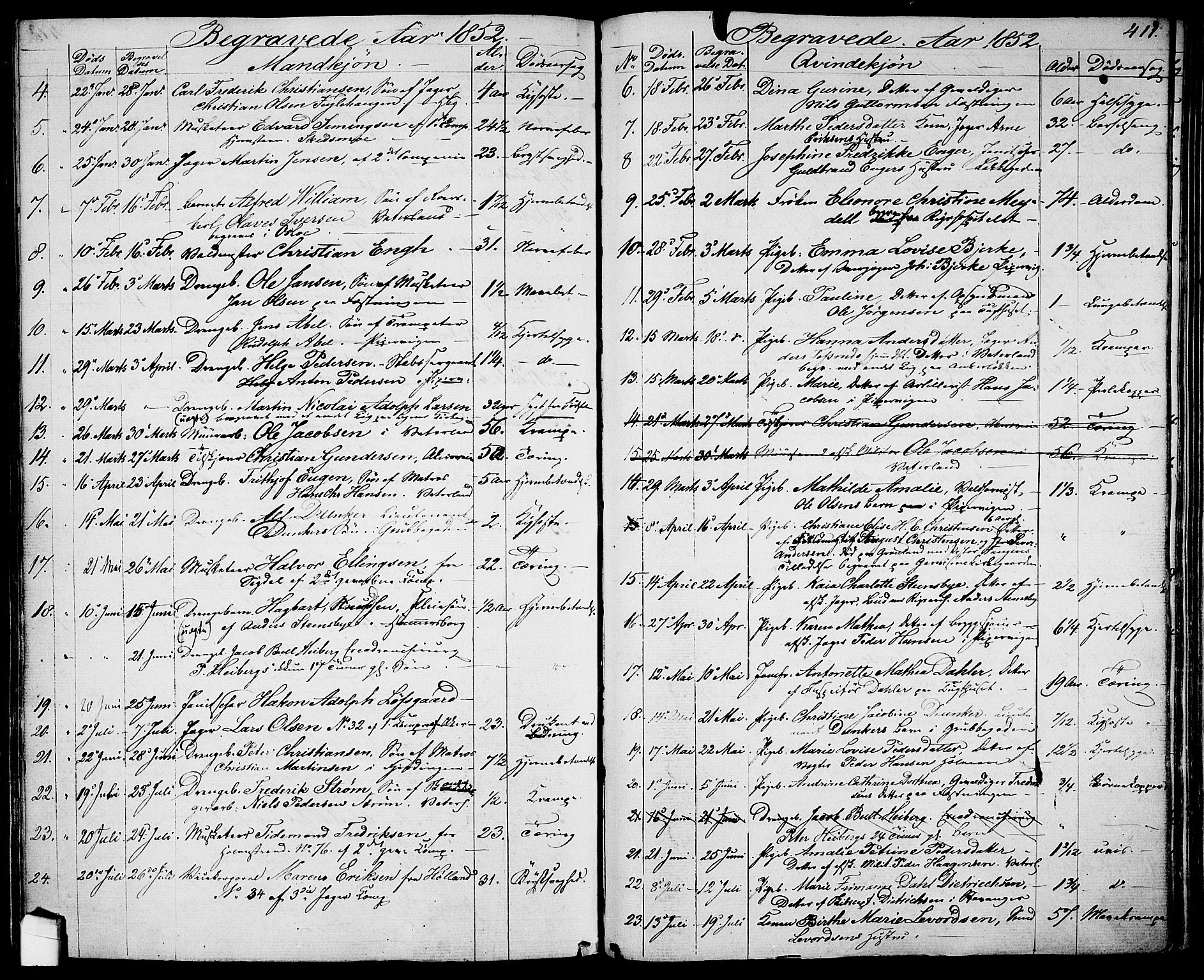Garnisonsmenigheten Kirkebøker, SAO/A-10846/G/Ga/L0005: Parish register (copy) no. 5, 1841-1860, p. 411