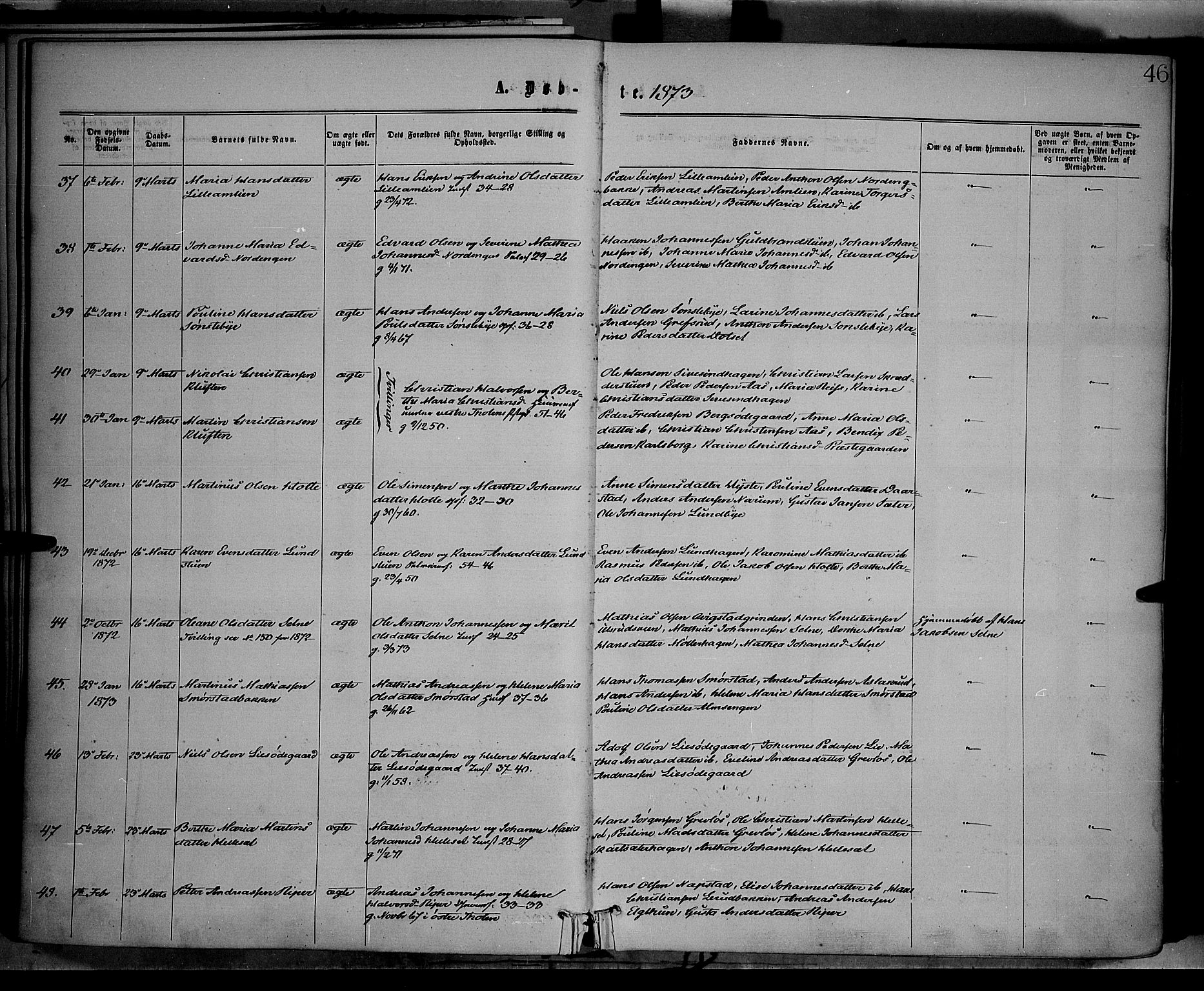 Vestre Toten prestekontor, AV/SAH-PREST-108/H/Ha/Haa/L0008: Parish register (official) no. 8, 1870-1877, p. 46