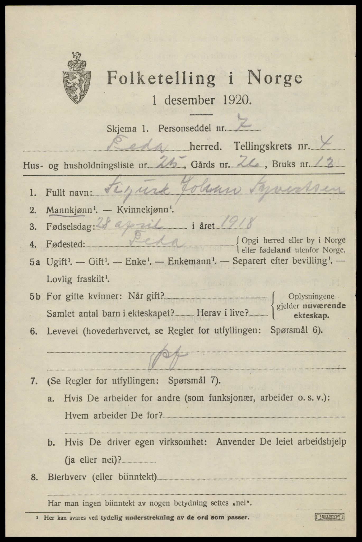 SAK, 1920 census for Feda, 1920, p. 2043