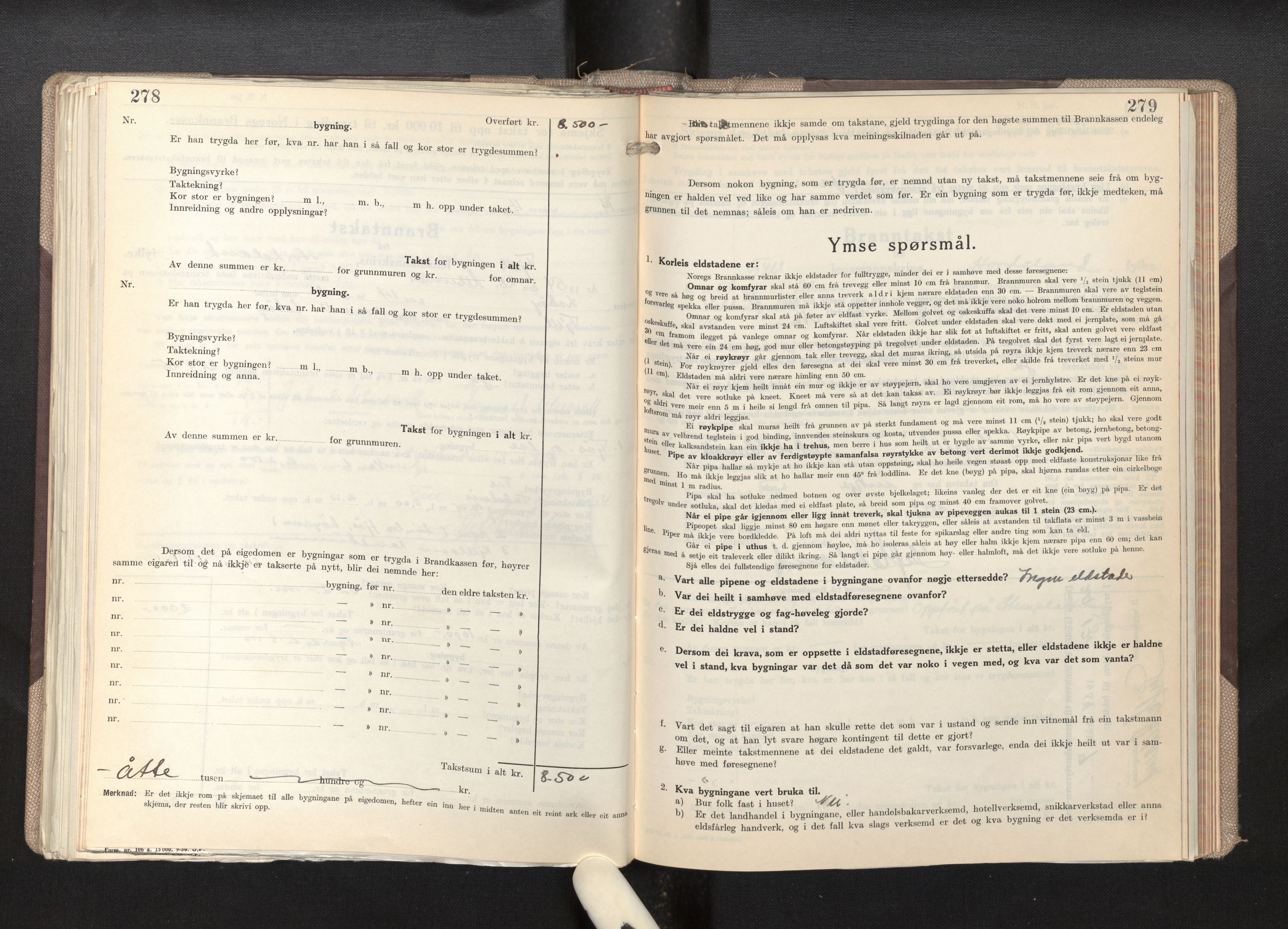 Lensmannen i Fjell, AV/SAB-A-32301/0012/L0007: Branntakstprotokoll, skjematakst, 1946-1955, p. 278-279