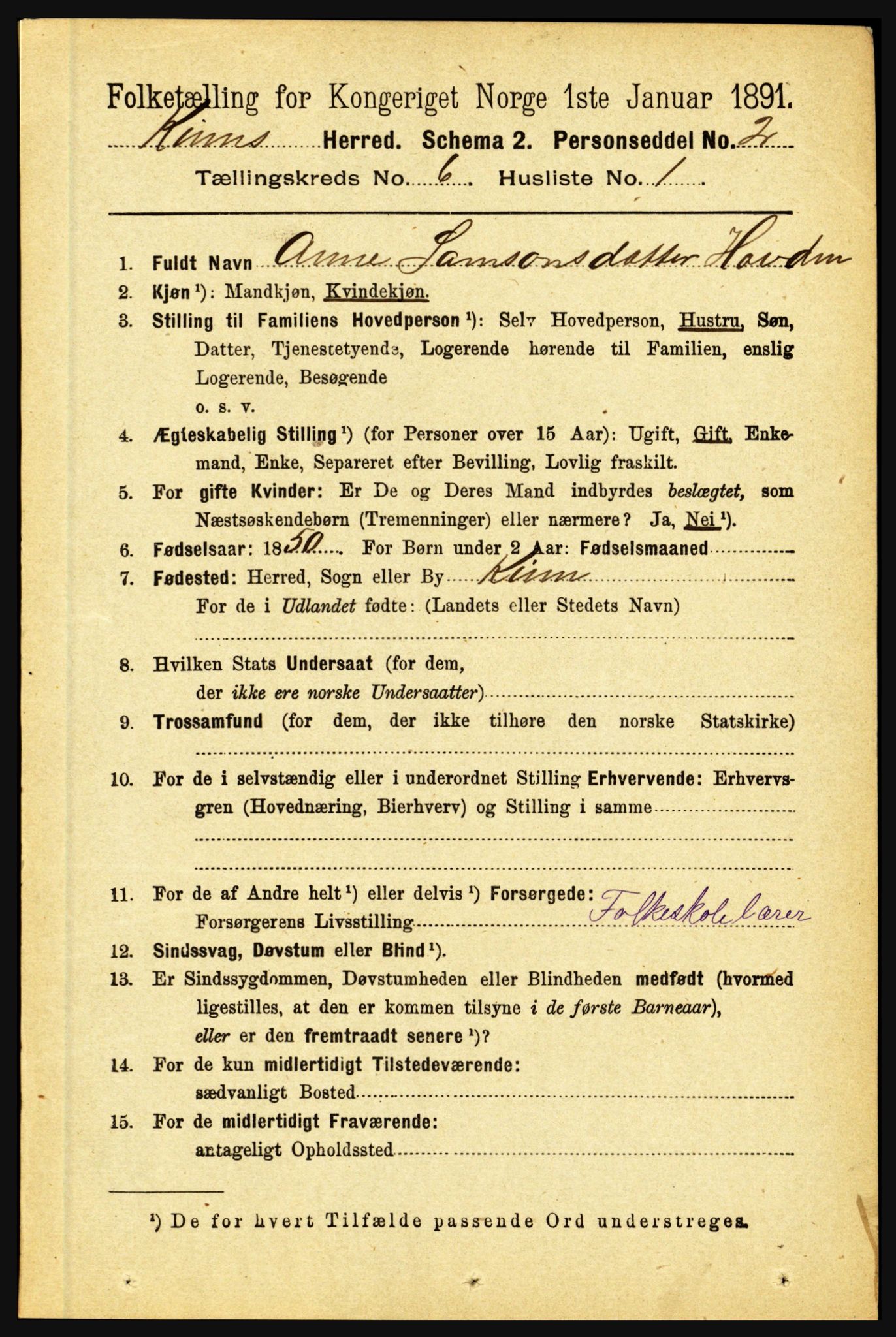 RA, 1891 census for 1437 Kinn, 1891, p. 2278