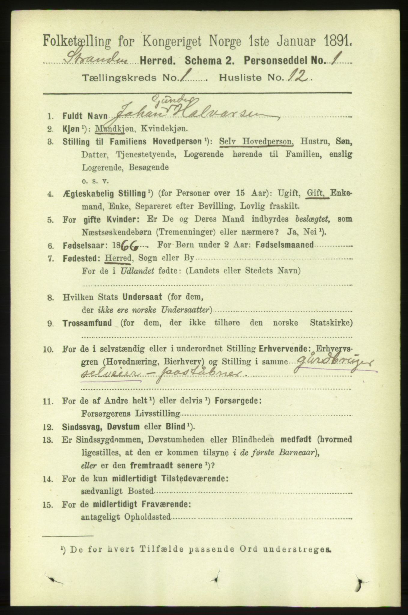 RA, 1891 census for 1525 Stranda, 1891, p. 140