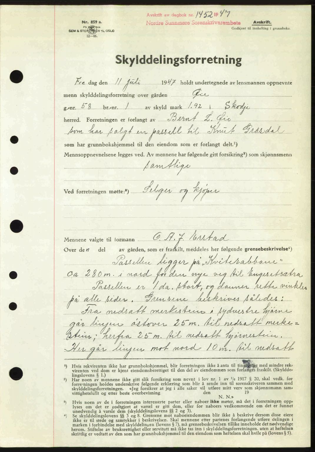 Nordre Sunnmøre sorenskriveri, AV/SAT-A-0006/1/2/2C/2Ca: Mortgage book no. A25, 1947-1947, Diary no: : 1452/1947