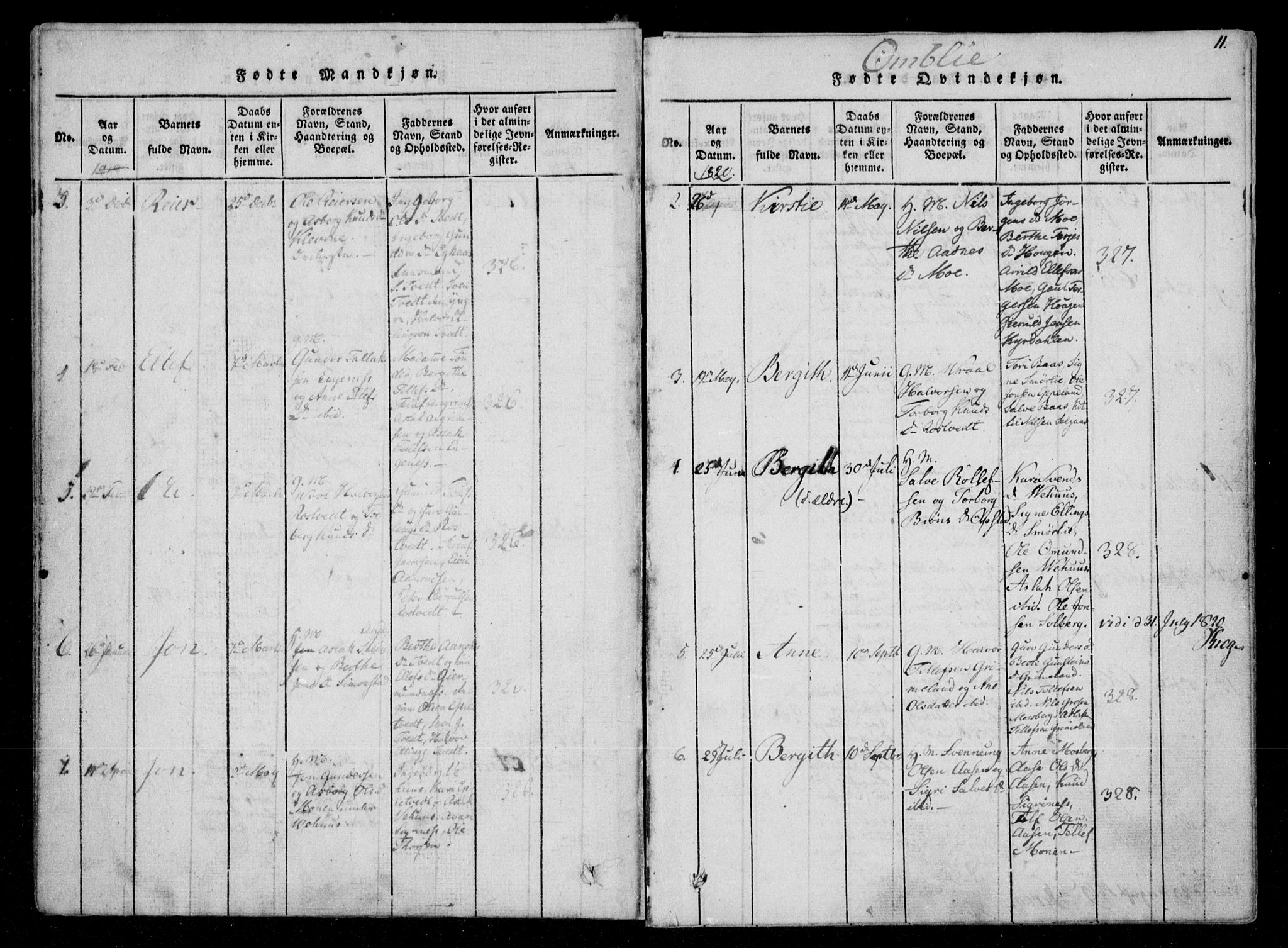 Åmli sokneprestkontor, AV/SAK-1111-0050/F/Fa/Fac/L0006: Parish register (official) no. A 6, 1816-1829, p. 11