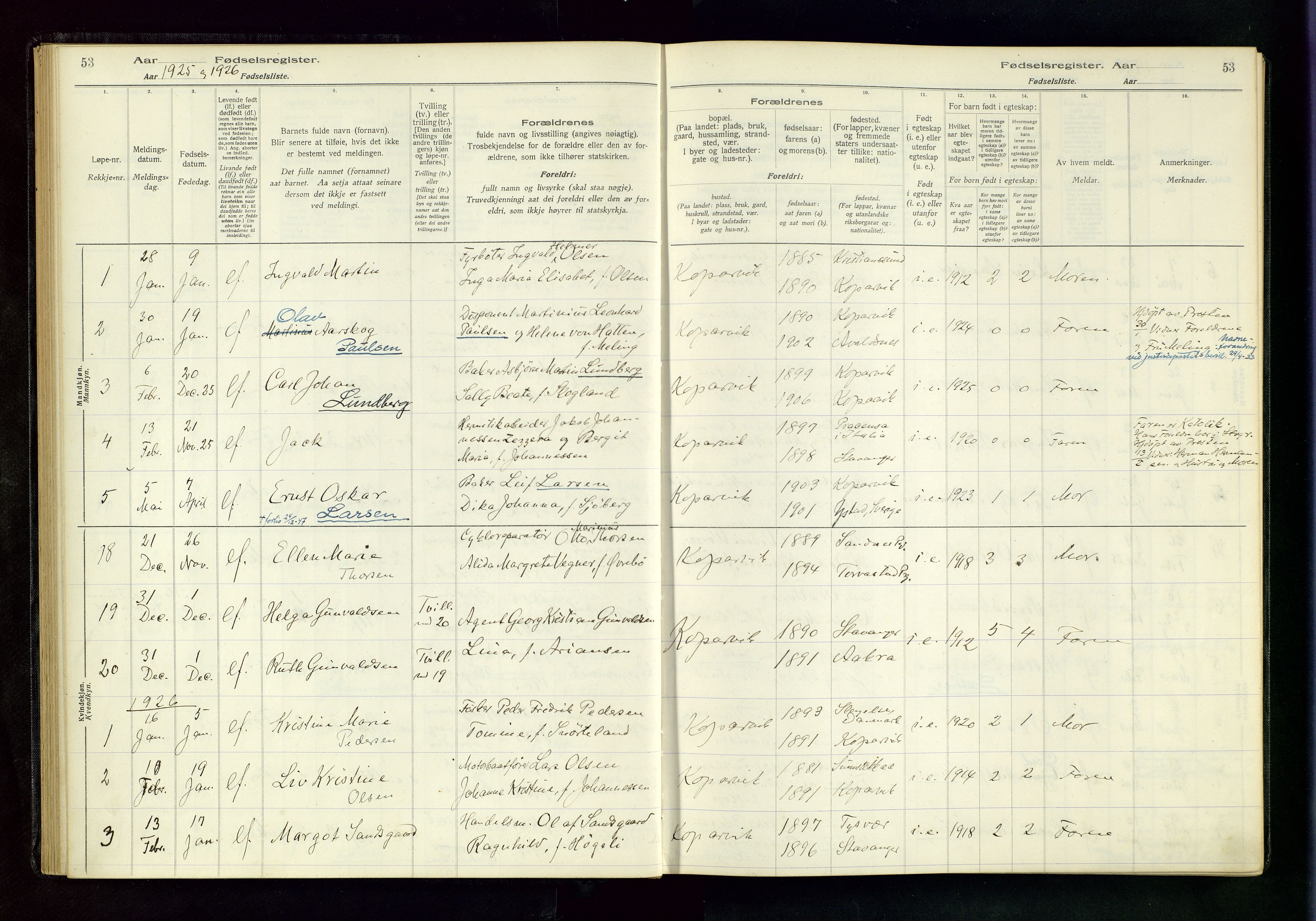 Kopervik sokneprestkontor, AV/SAST-A-101850/I/Id/L0001: Birth register no. 1, 1916-1952, p. 53