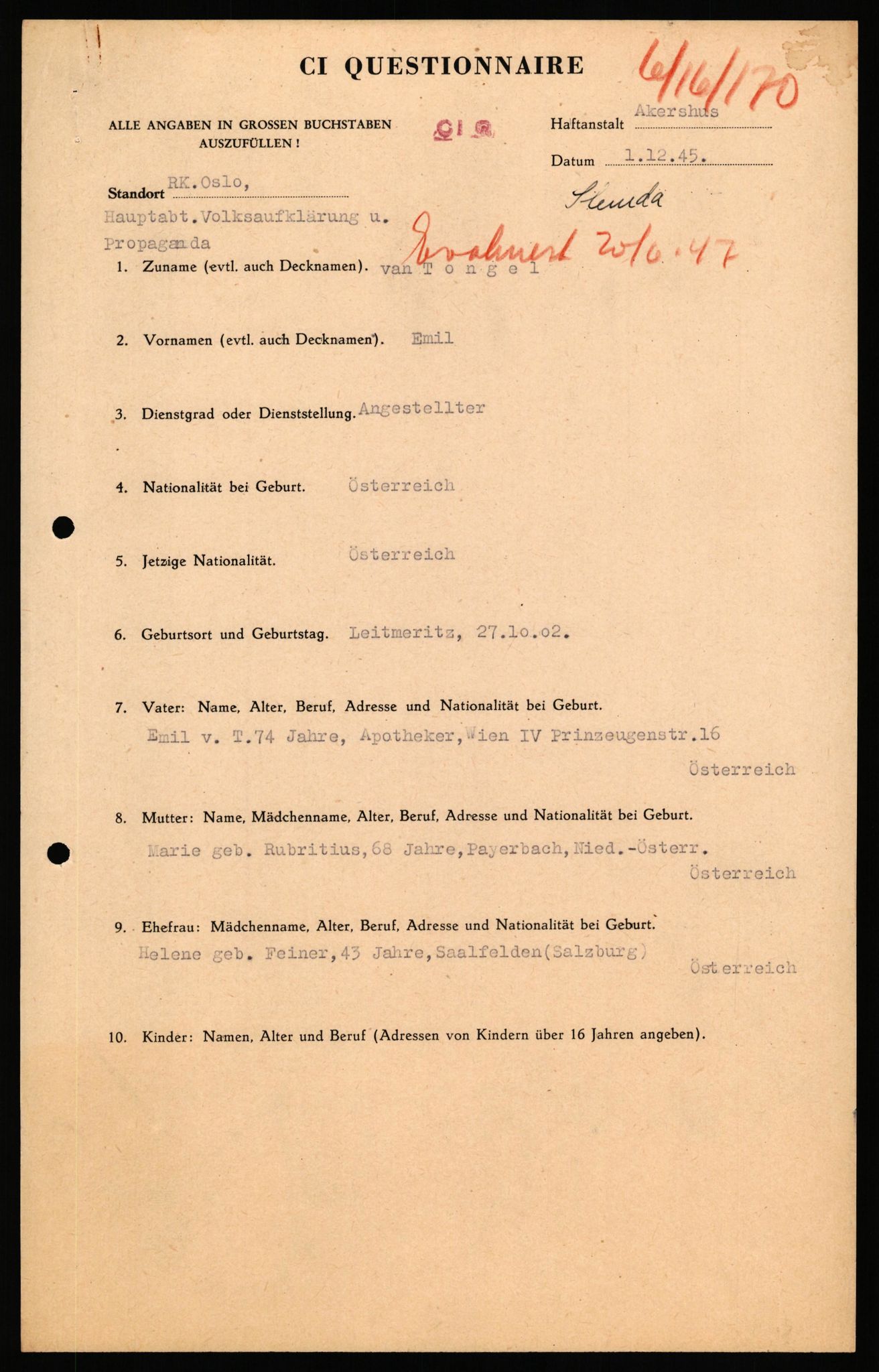 Forsvaret, Forsvarets overkommando II, RA/RAFA-3915/D/Db/L0040: CI Questionaires. Tyske okkupasjonsstyrker i Norge. Østerrikere., 1945-1946, p. 295