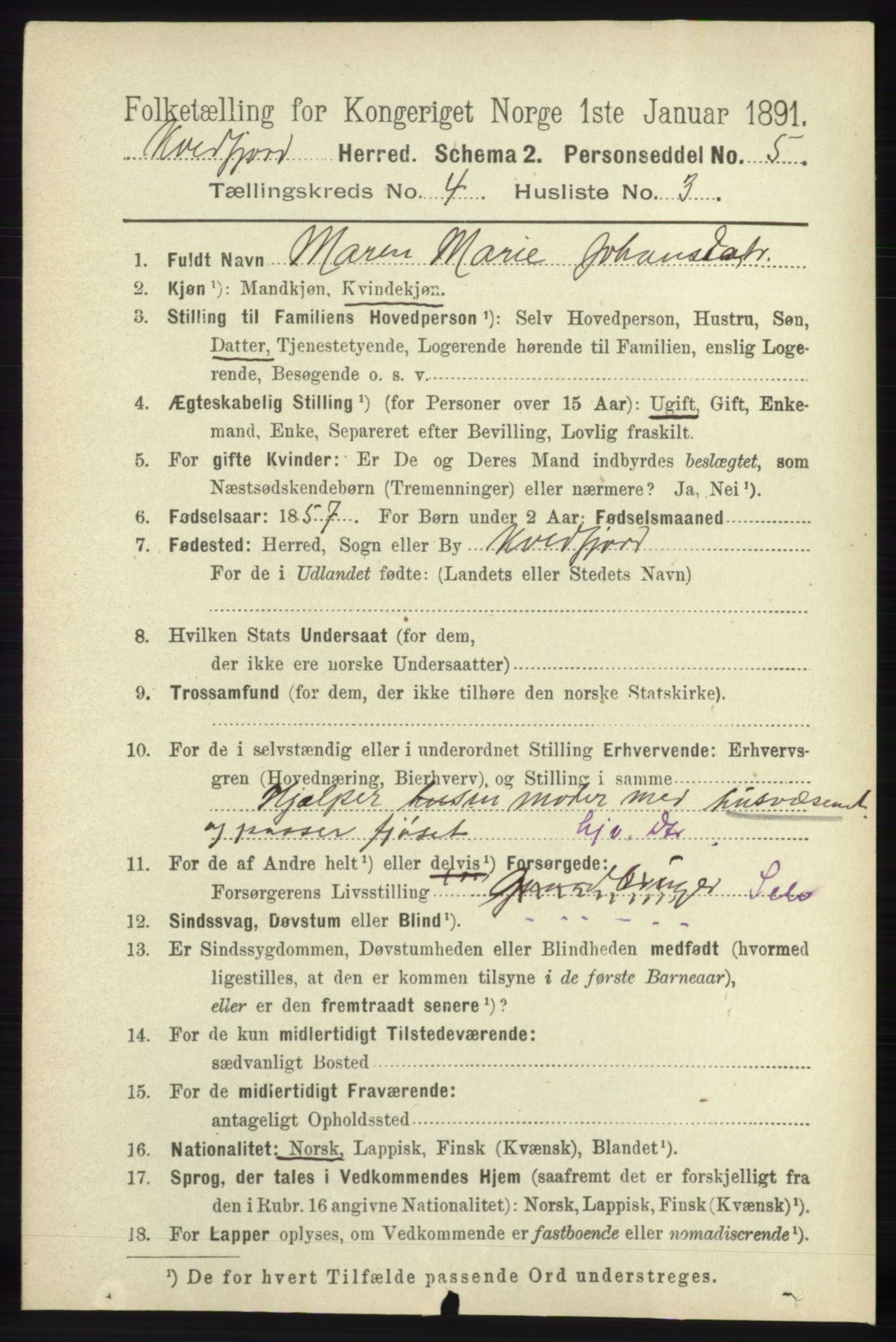 RA, 1891 census for 1911 Kvæfjord, 1891, p. 1904