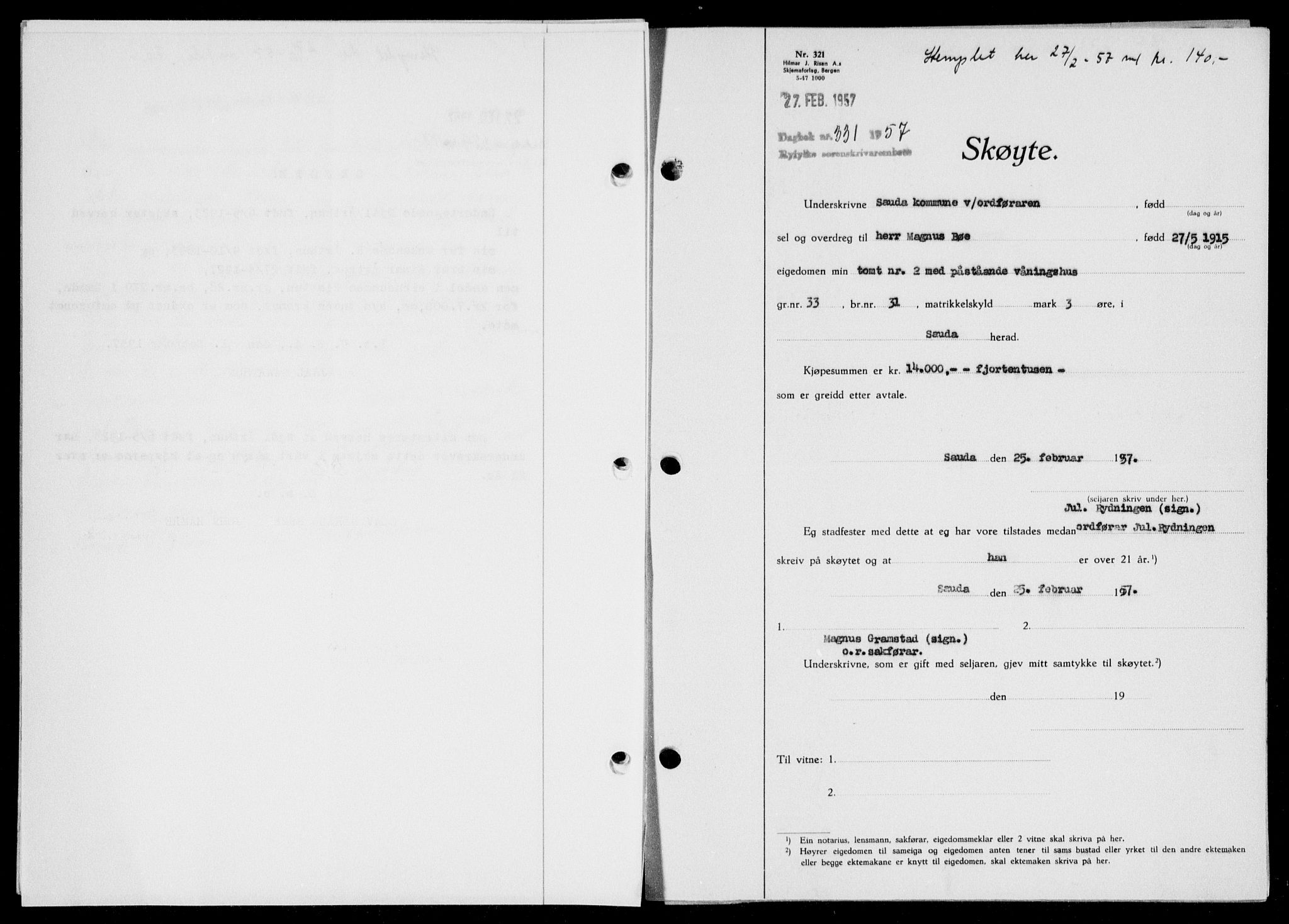 Ryfylke tingrett, AV/SAST-A-100055/001/II/IIB/L0135: Mortgage book no. 114, 1956-1957, Diary no: : 331/1957