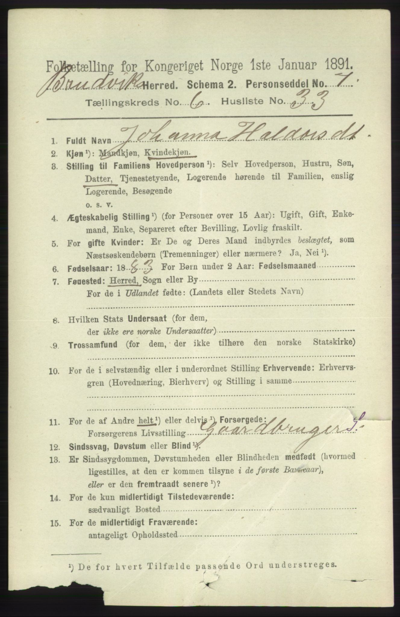 RA, 1891 census for 1251 Bruvik, 1891, p. 2007