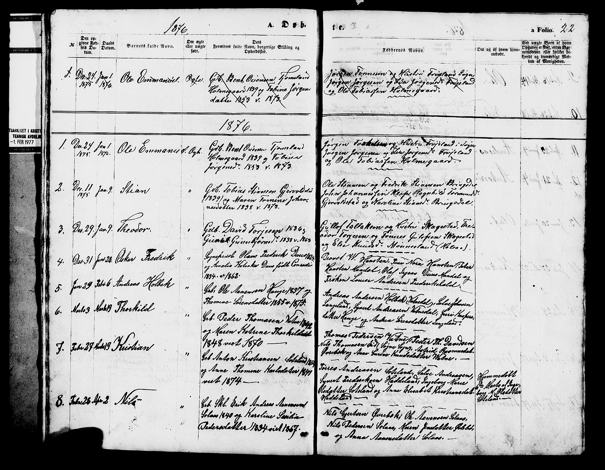 Holum sokneprestkontor, AV/SAK-1111-0022/F/Fb/Fba/L0004: Parish register (copy) no. B 4, 1867-1890, p. 22