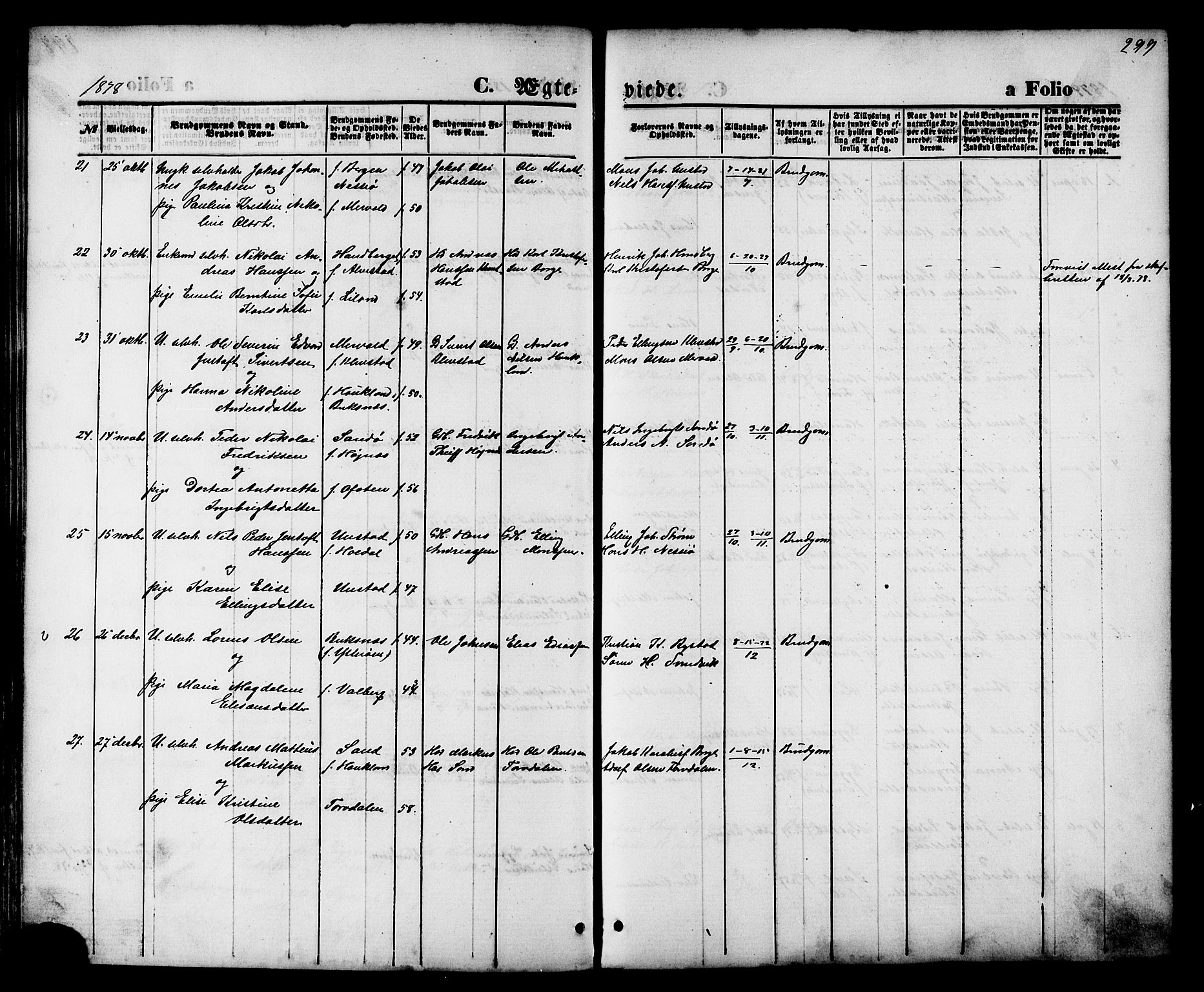 Ministerialprotokoller, klokkerbøker og fødselsregistre - Nordland, AV/SAT-A-1459/880/L1132: Parish register (official) no. 880A06, 1869-1887, p. 299