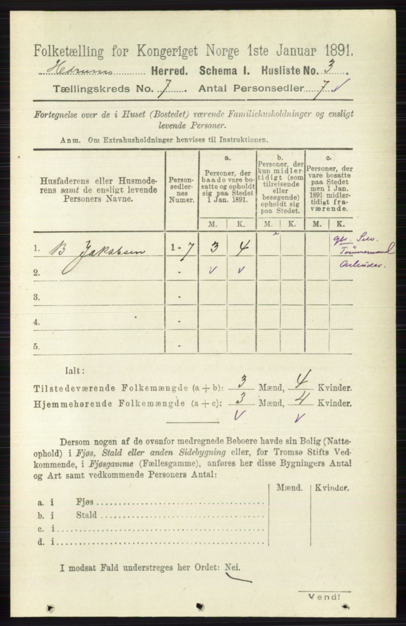 RA, 1891 census for 0727 Hedrum, 1891, p. 2948