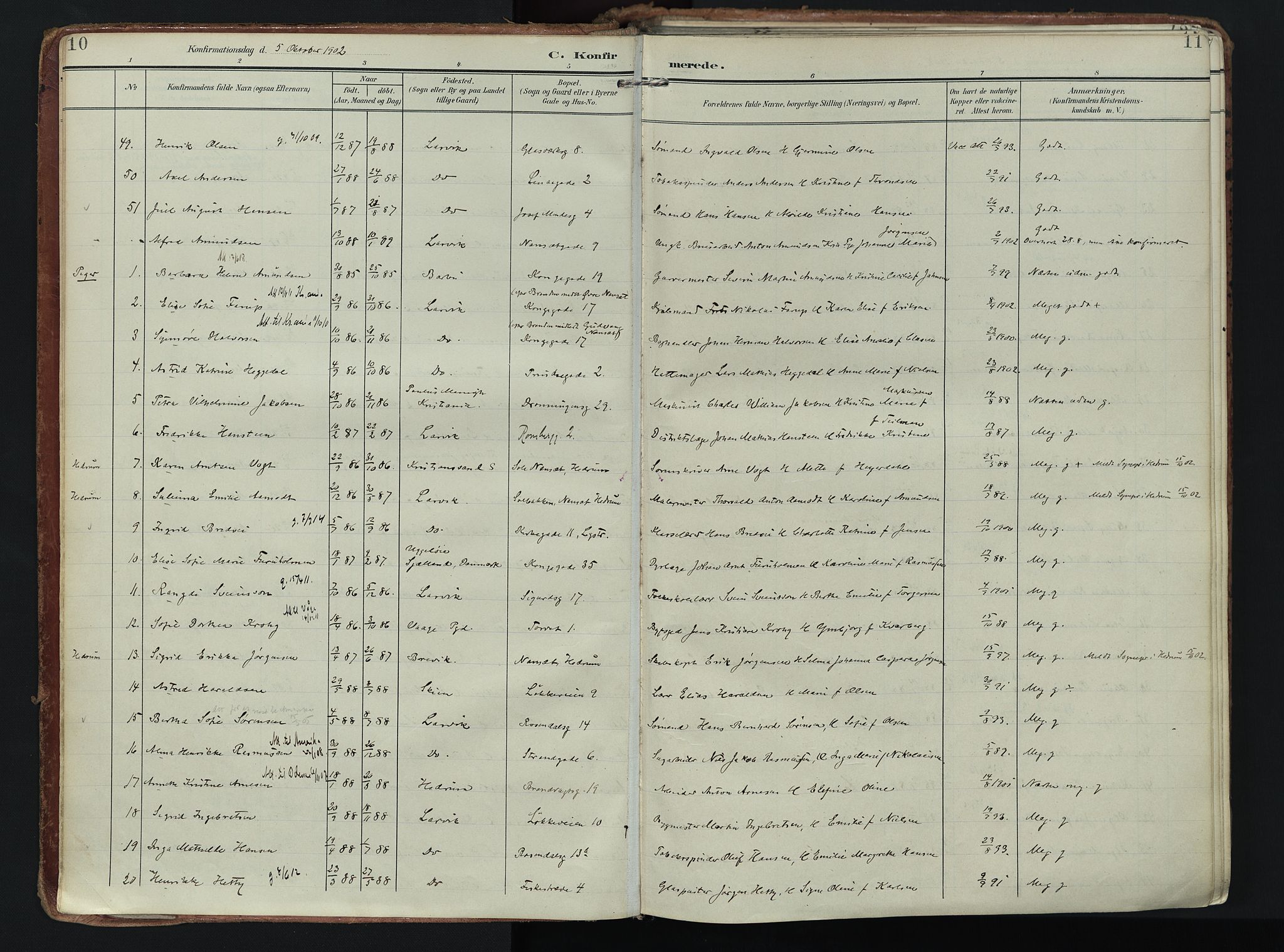 Larvik kirkebøker, SAKO/A-352/F/Fa/L0011: Parish register (official) no. I 11, 1902-1922, p. 10-11