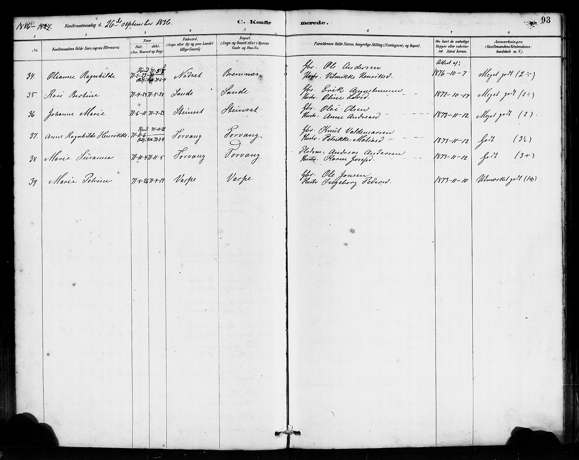 Bremanger sokneprestembete, SAB/A-82201/H/Haa/Haab/L0001: Parish register (official) no. B 1, 1884-1895, p. 93