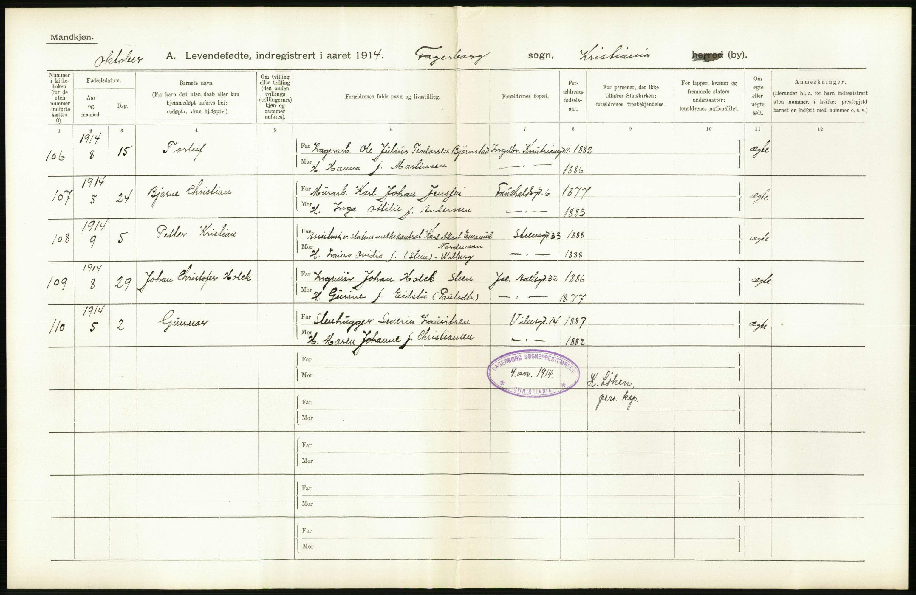 Statistisk sentralbyrå, Sosiodemografiske emner, Befolkning, AV/RA-S-2228/D/Df/Dfb/Dfbd/L0006: Kristiania: Levendefødte menn og kvinner., 1914, p. 88