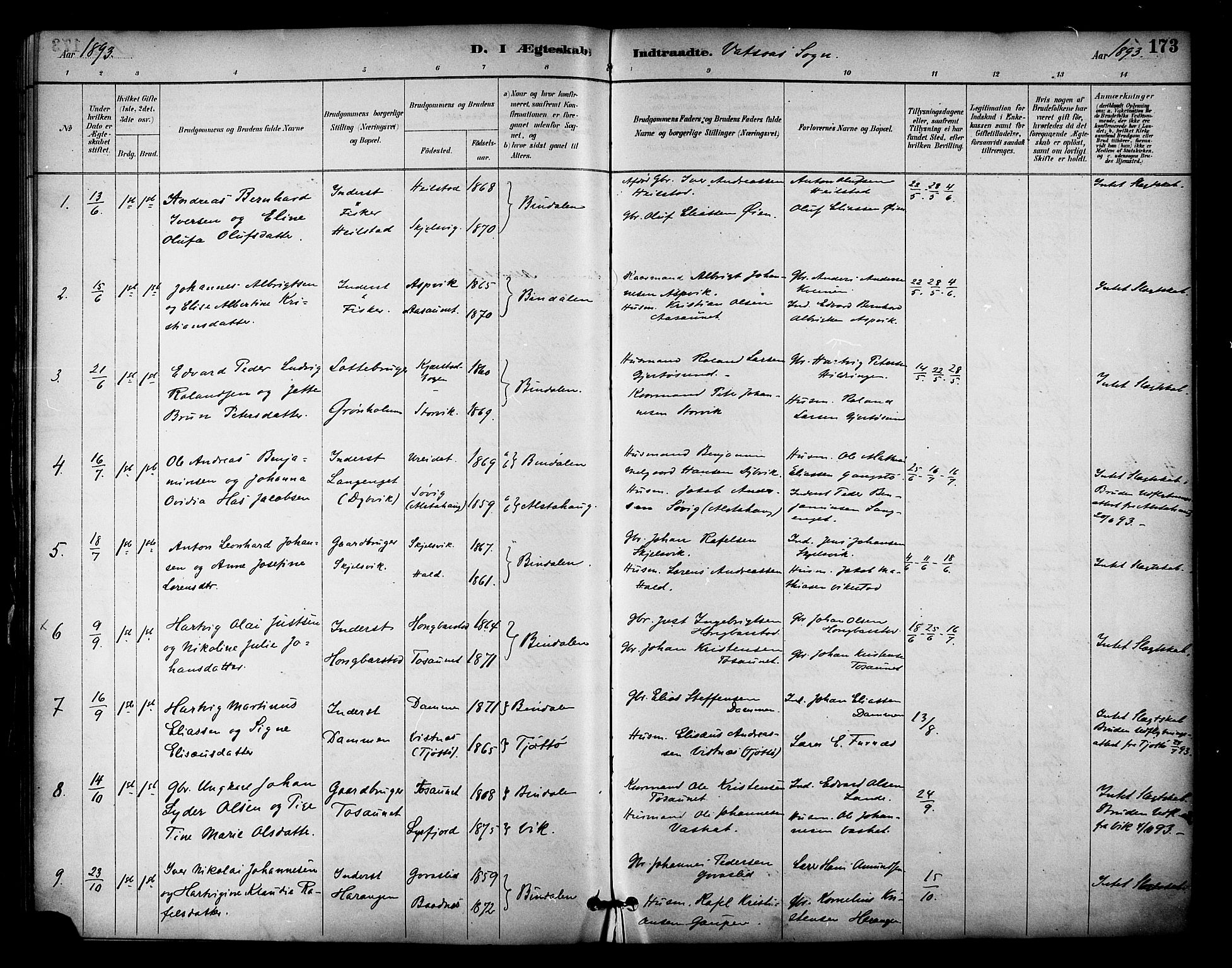 Ministerialprotokoller, klokkerbøker og fødselsregistre - Nordland, AV/SAT-A-1459/810/L0150: Parish register (official) no. 810A10 /1, 1884-1895, p. 173