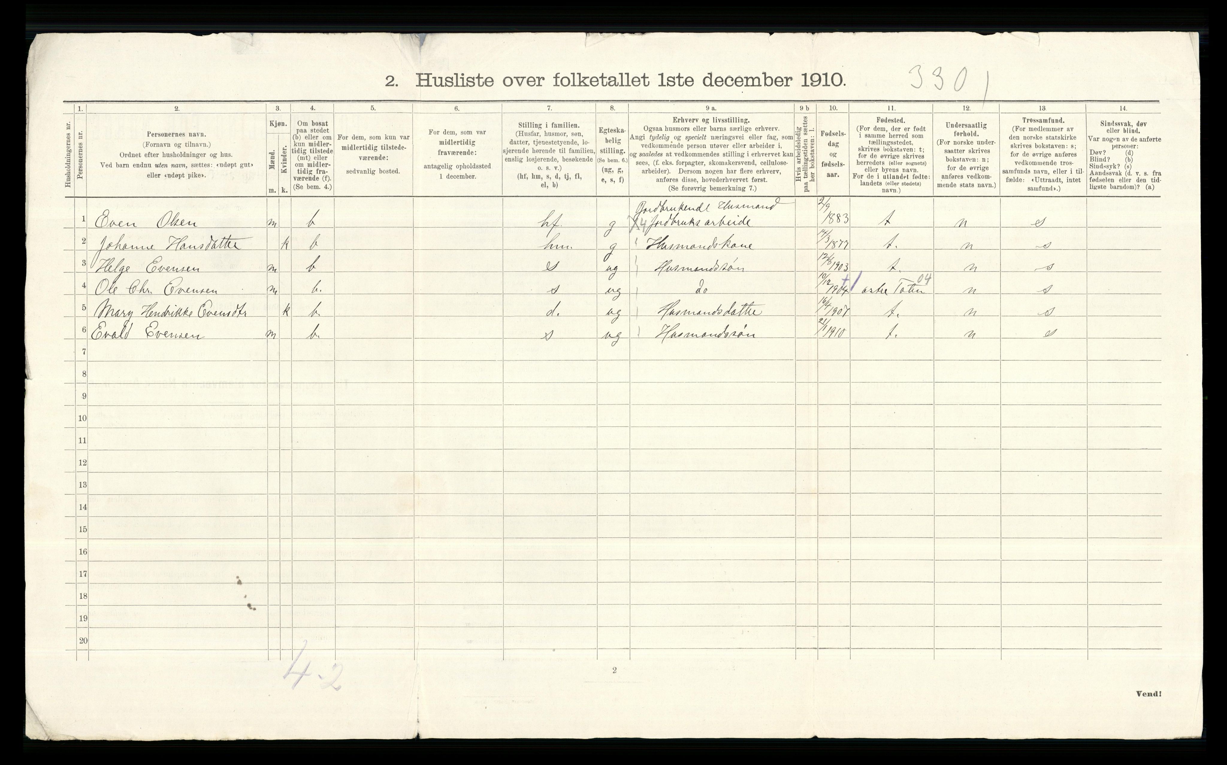 RA, 1910 census for Vestre Toten, 1910, p. 42