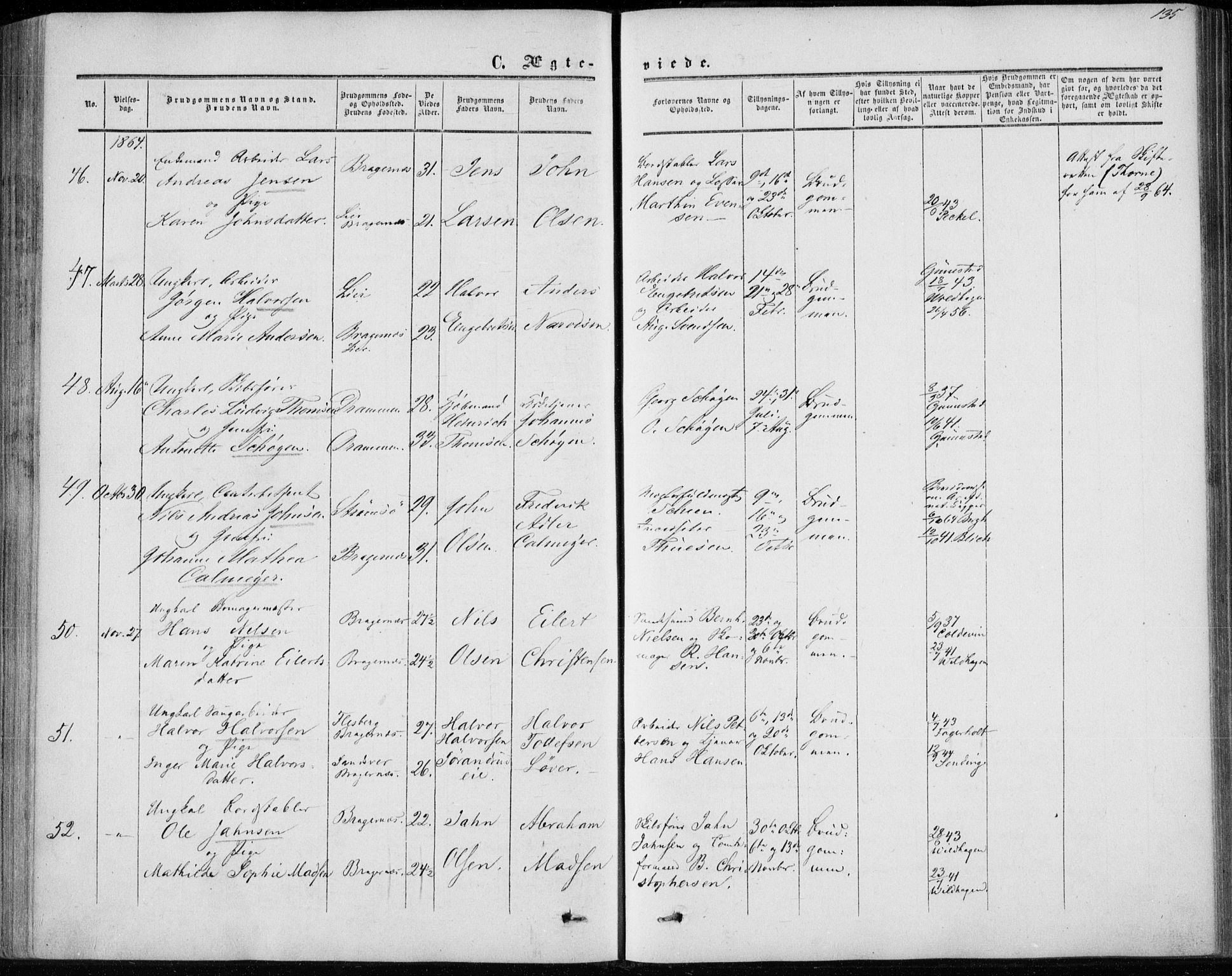 Bragernes kirkebøker, AV/SAKO-A-6/F/Fc/L0002: Parish register (official) no. III 2, 1854-1865, p. 135