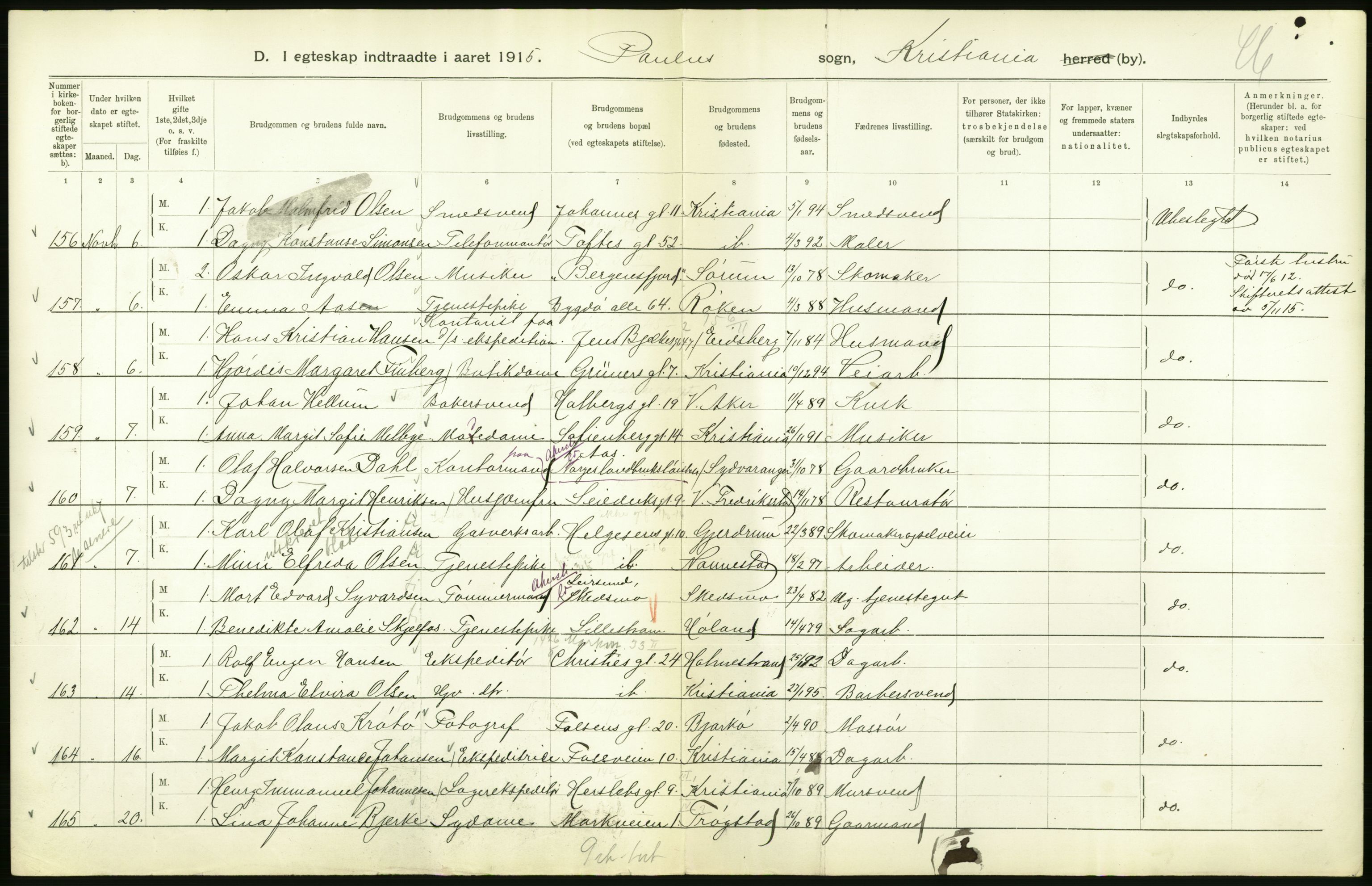 Statistisk sentralbyrå, Sosiodemografiske emner, Befolkning, RA/S-2228/D/Df/Dfb/Dfbe/L0008: Kristiania: Gifte., 1915, p. 516