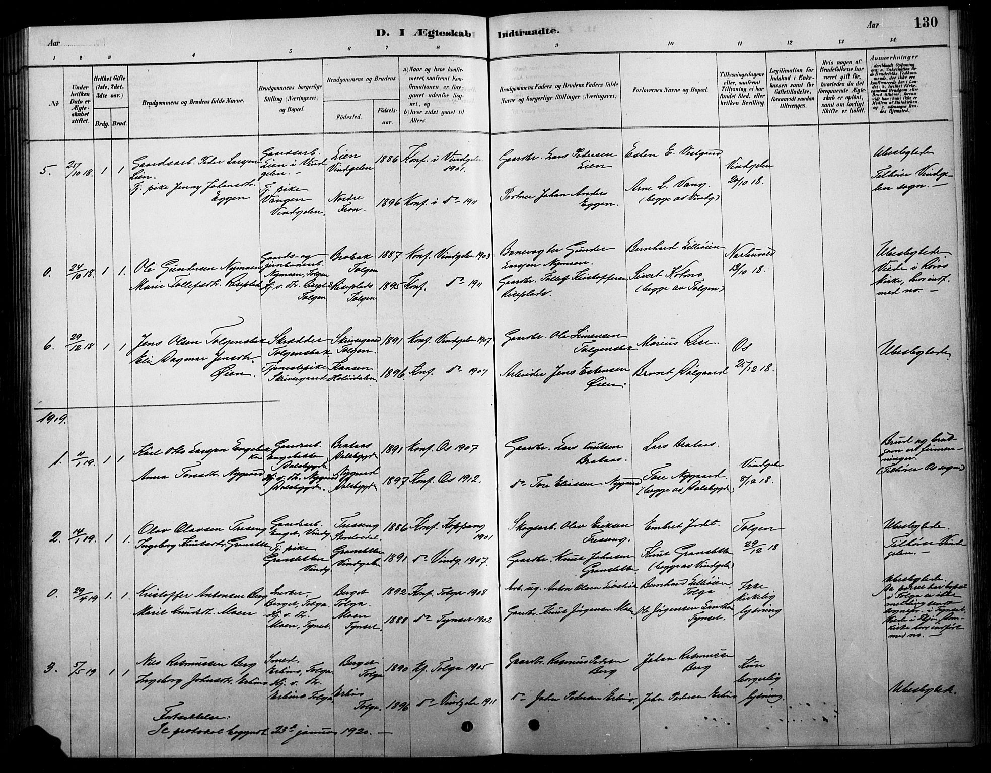 Tolga prestekontor, SAH/PREST-062/L/L0007: Parish register (copy) no. 7, 1878-1919, p. 130
