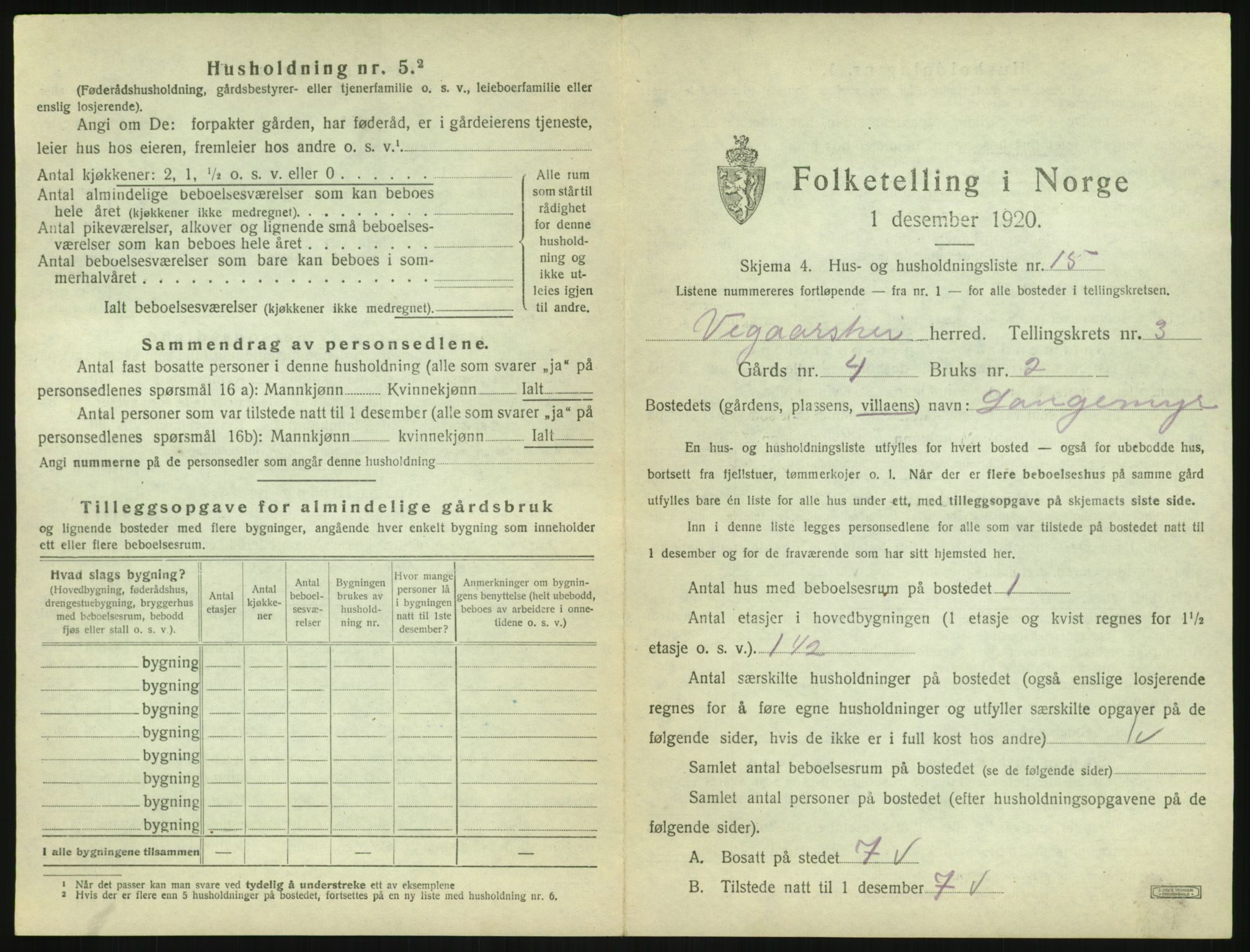 SAK, 1920 census for Vegårshei, 1920, p. 218