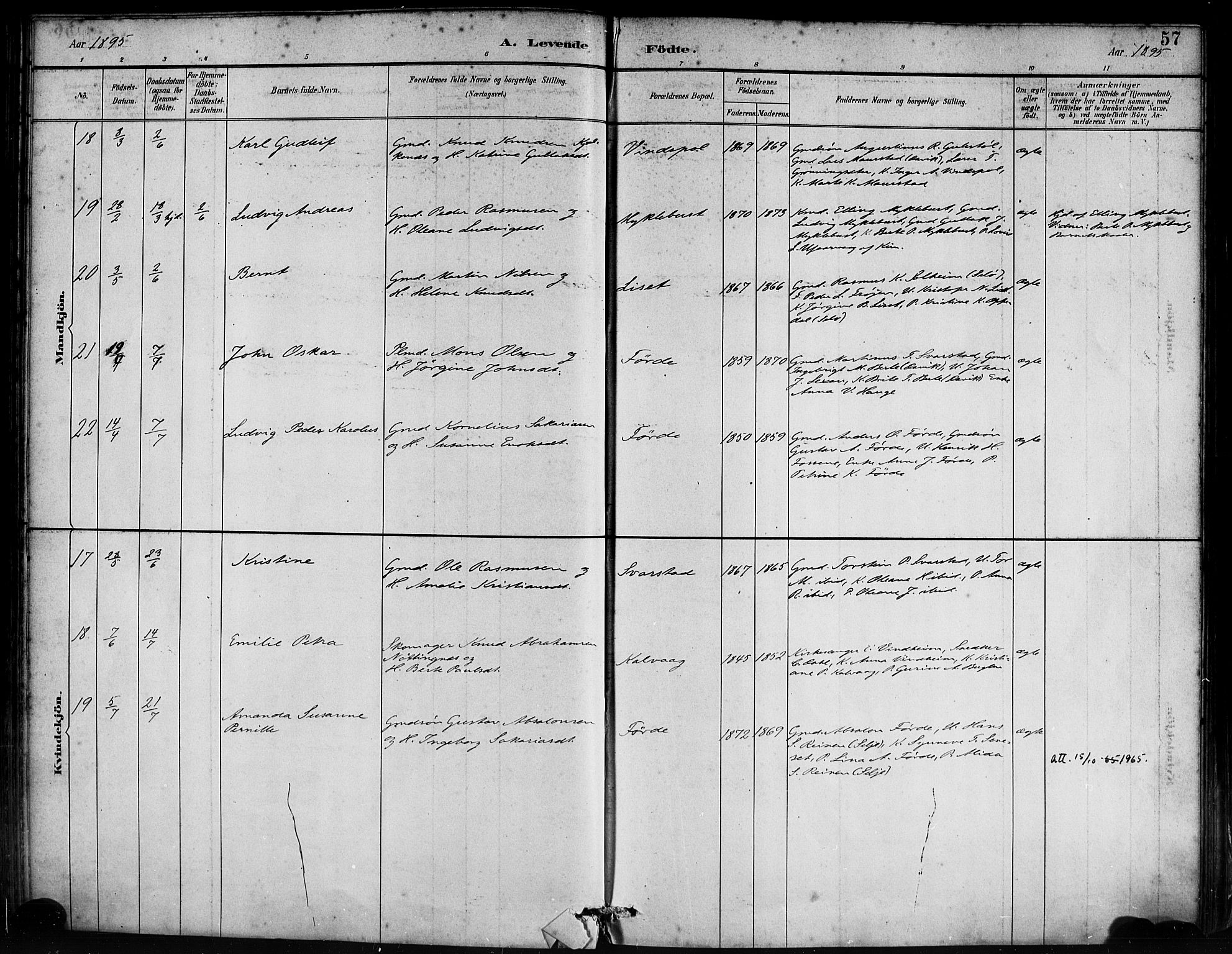 Bremanger sokneprestembete, AV/SAB-A-82201/H/Haa/Haab/L0001: Parish register (official) no. B 1, 1884-1895, p. 57