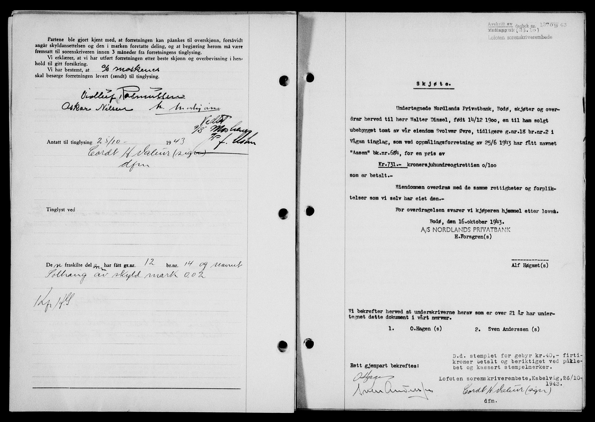 Lofoten sorenskriveri, SAT/A-0017/1/2/2C/L0011a: Mortgage book no. 11a, 1943-1943, Diary no: : 1270/1943