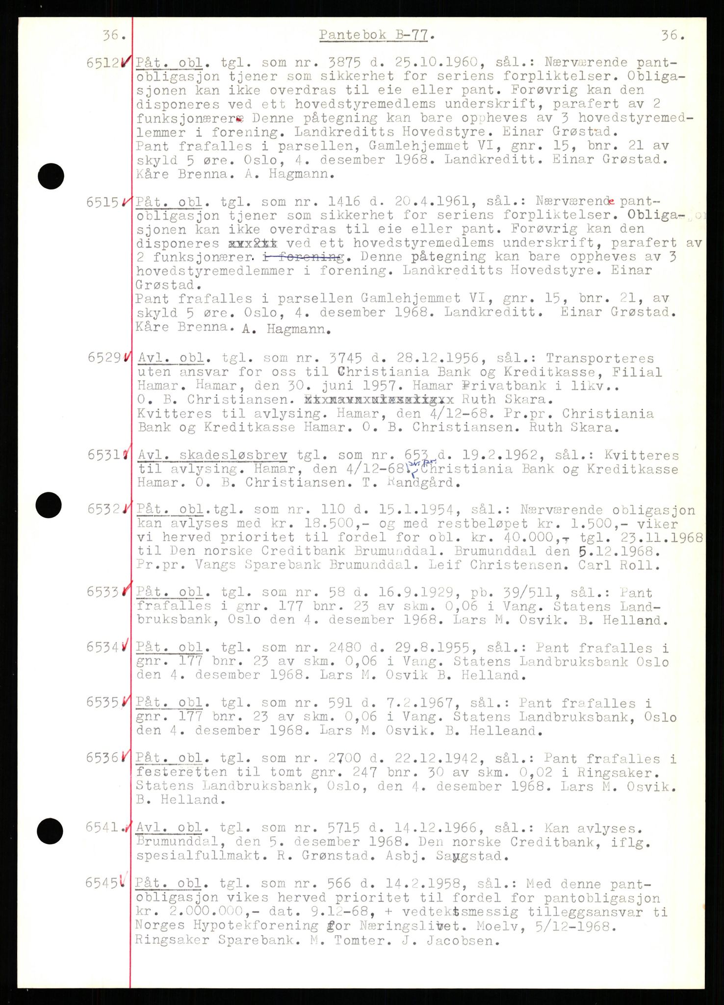 Nord-Hedmark sorenskriveri, SAH/TING-012/H/Hb/Hbf/L0077: Mortgage book no. B77, 1968-1969, Diary no: : 6512/1968
