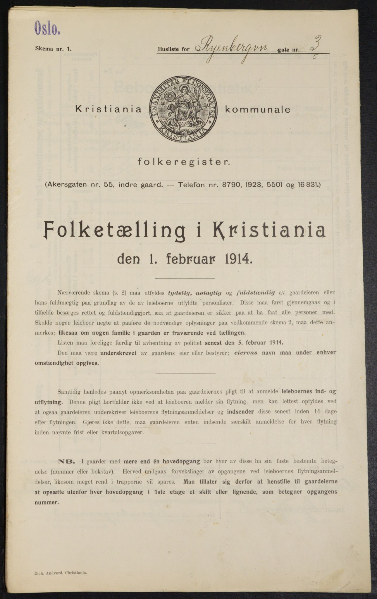 OBA, Municipal Census 1914 for Kristiania, 1914, p. 85485